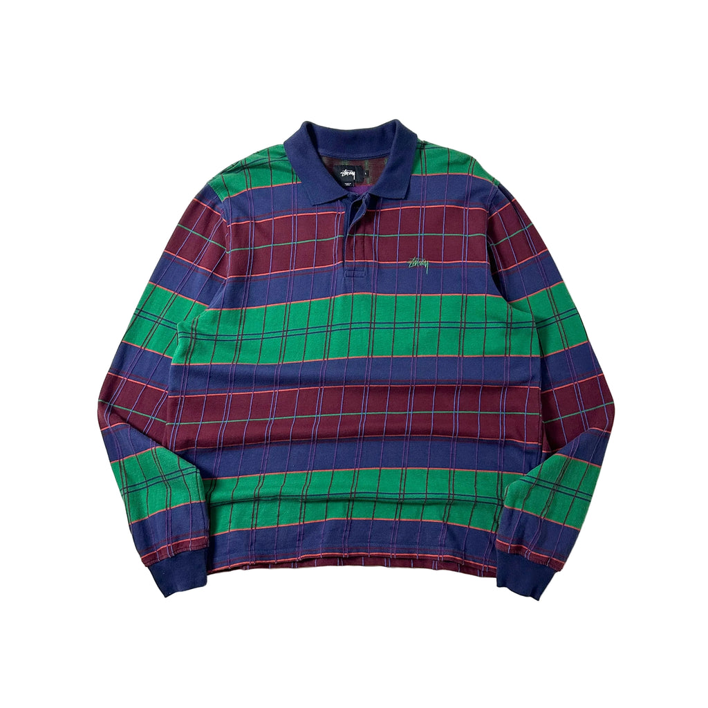 Stussy Plaid Long sleeve Polo with  an Embroidered Chest Logo (Size Large)