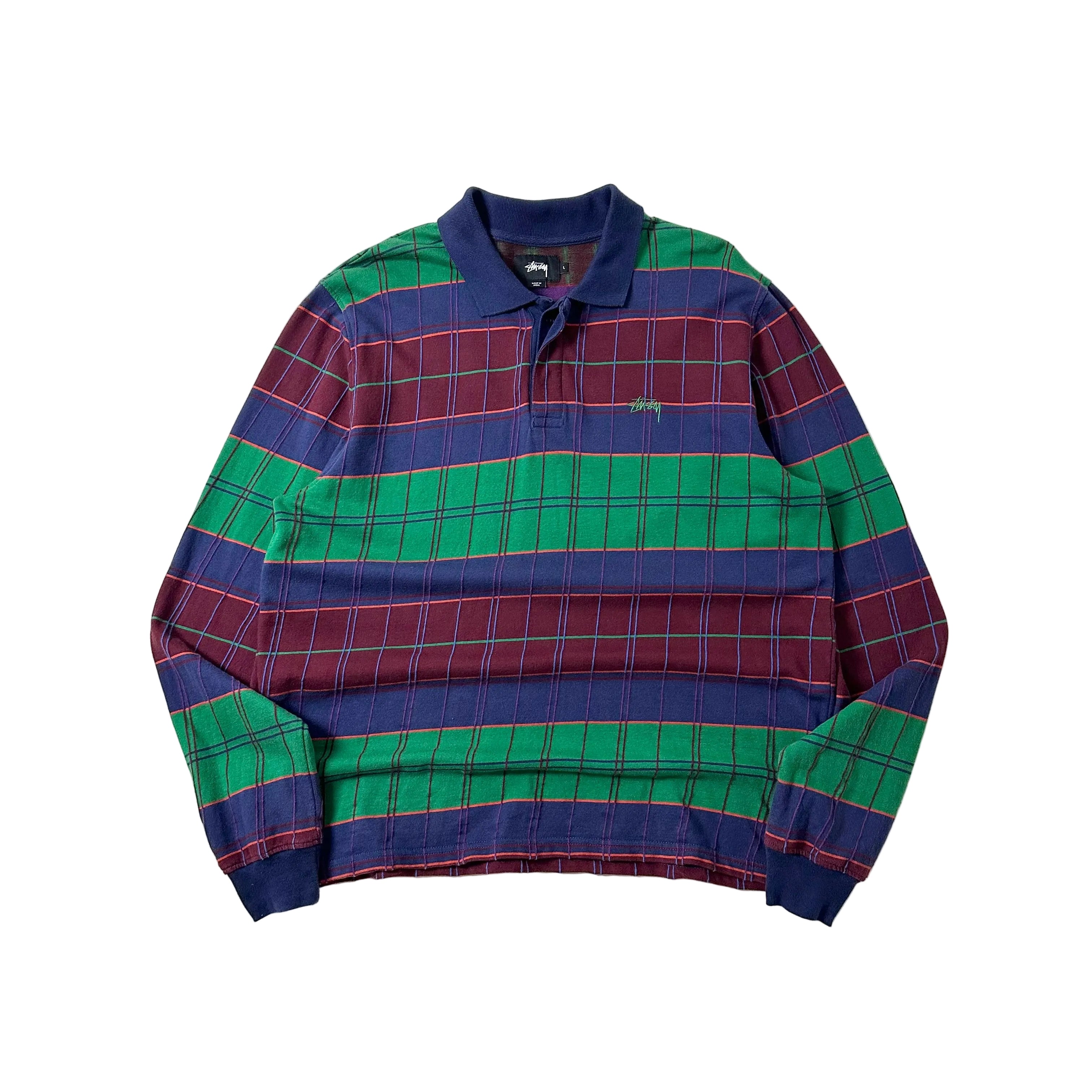 Stussy Plaid Long sleeve Polo with  an Embroidered Chest Logo (Size Large)