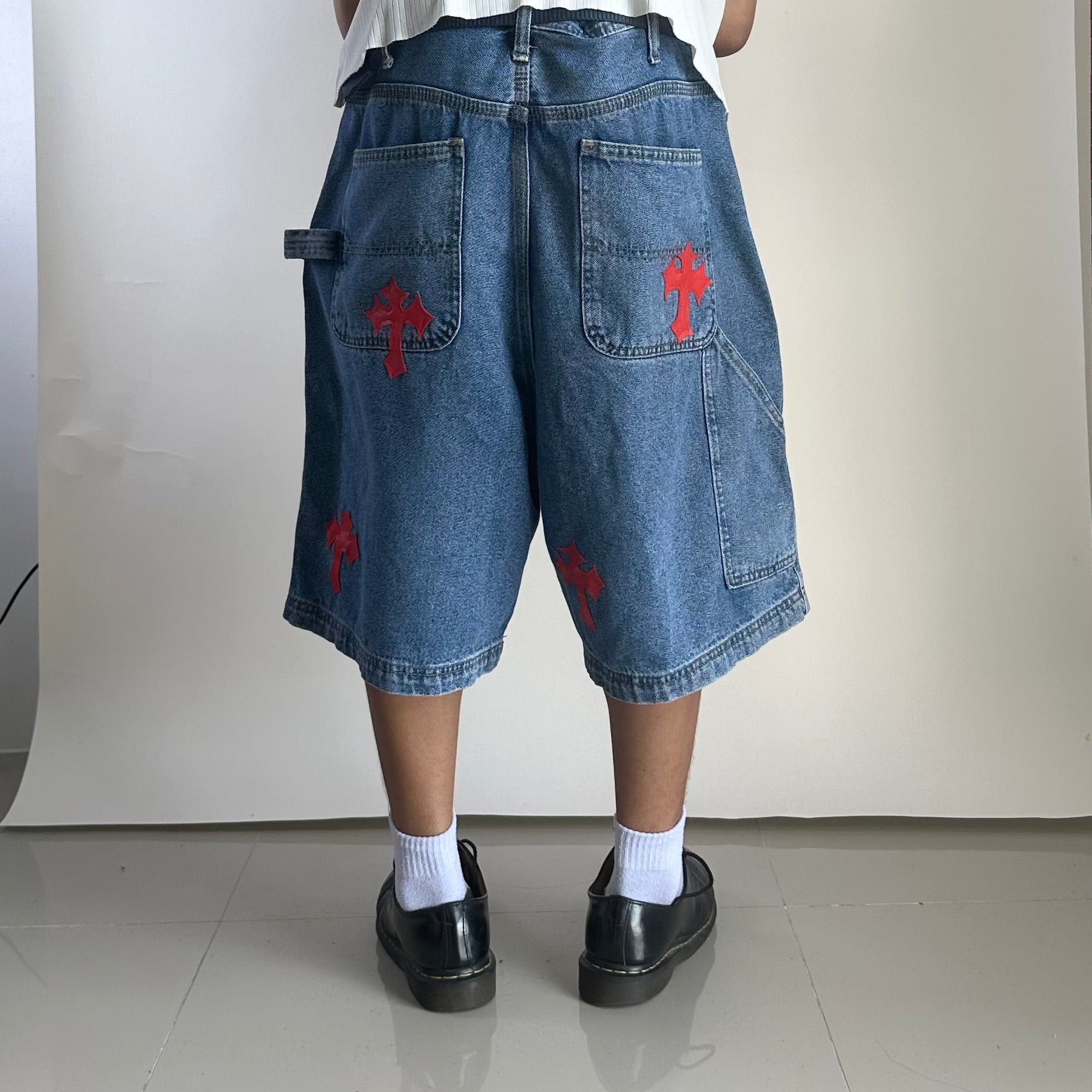 Carpenter Jorts with Chrome Hearts Customized Cross Patches (Size 34) — SOLD