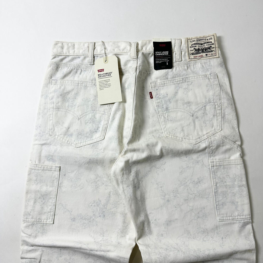 BRAND-NEW Levi’s WellThread Stay Loose Carpenter Pants Big “E” in White abstract indigo wash (Size 34)