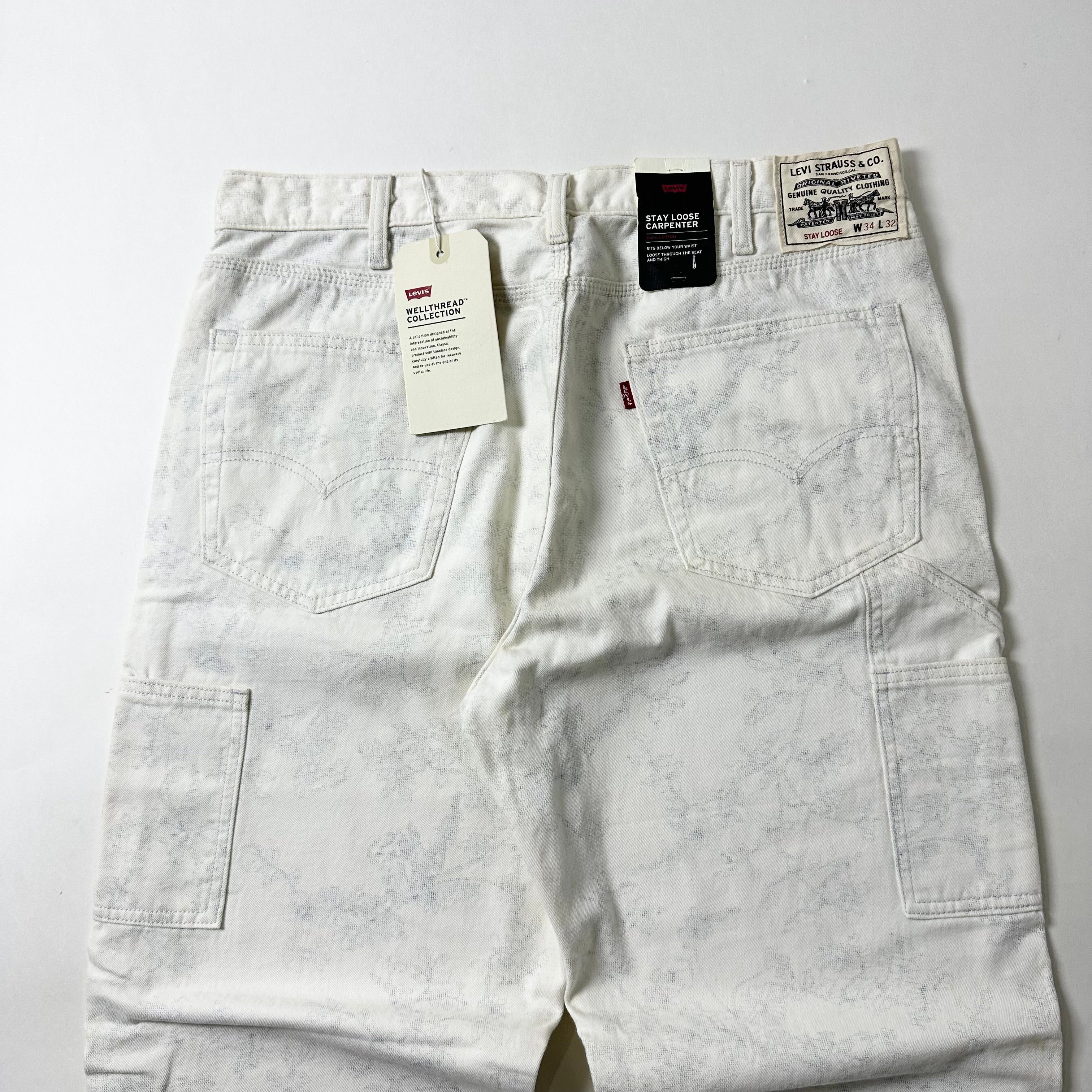 BRAND-NEW Levi’s WellThread Stay Loose Carpenter Pants Big “E” in White abstract indigo wash (Size 34)