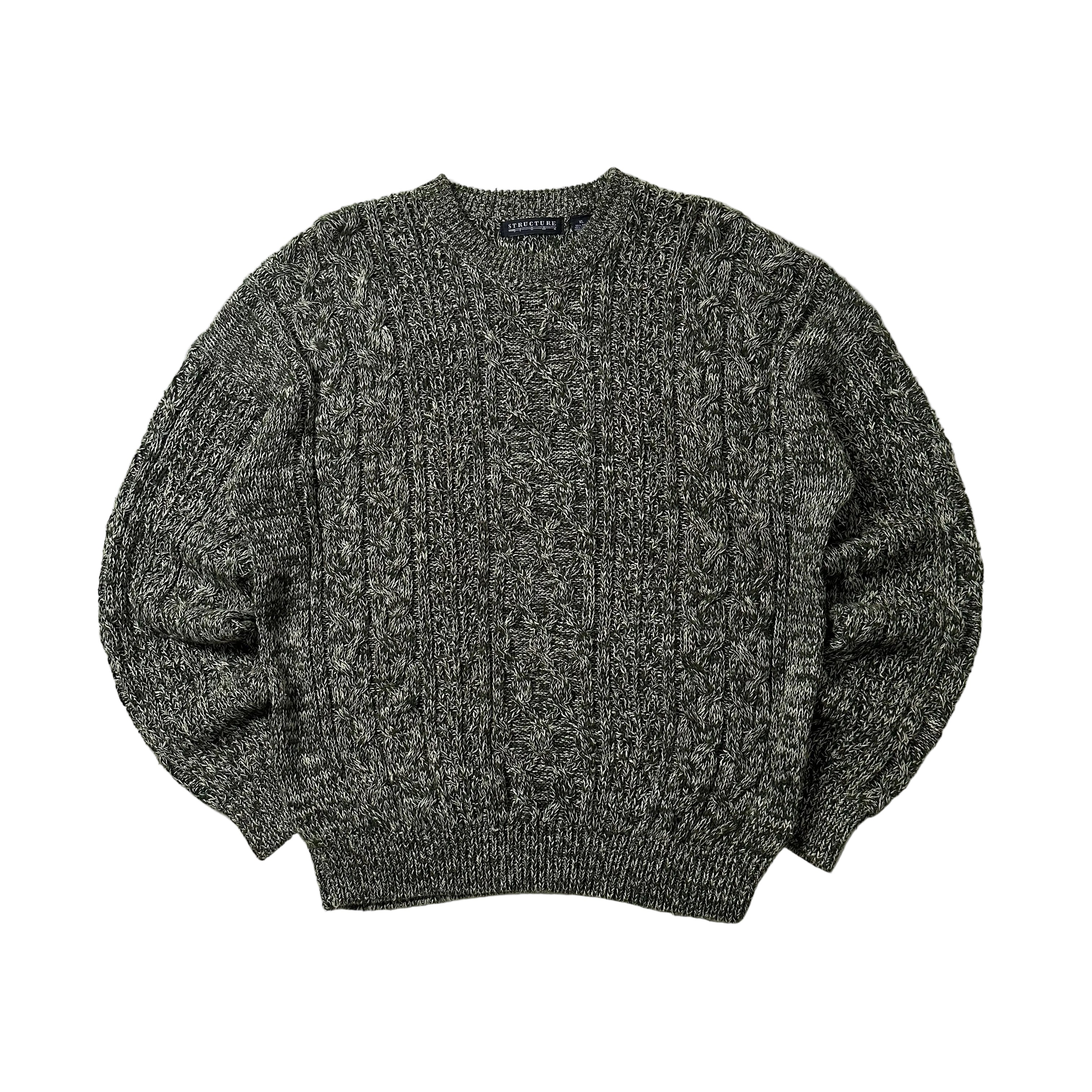 Vintage Structure Cable-Knit Sweater in Marled Green (Size XL)