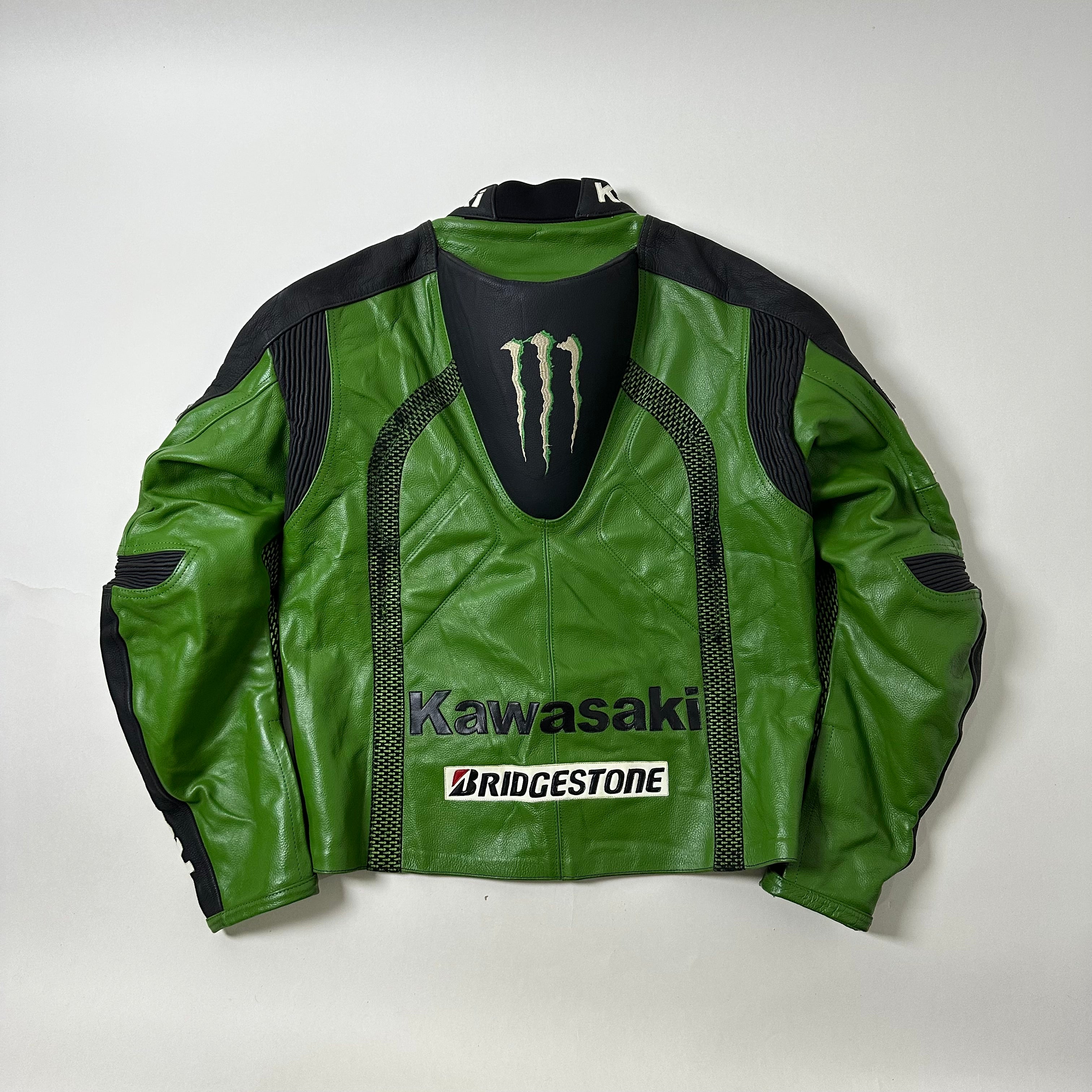 Kawasaki Racing Team Leather Armor Riding Jacket in Green (Size Medium)