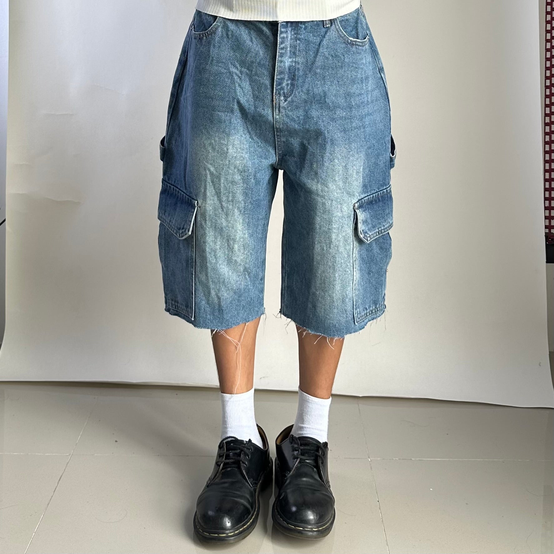 Random Cargo Long Jorts in Light Wash Blue (Size 30)