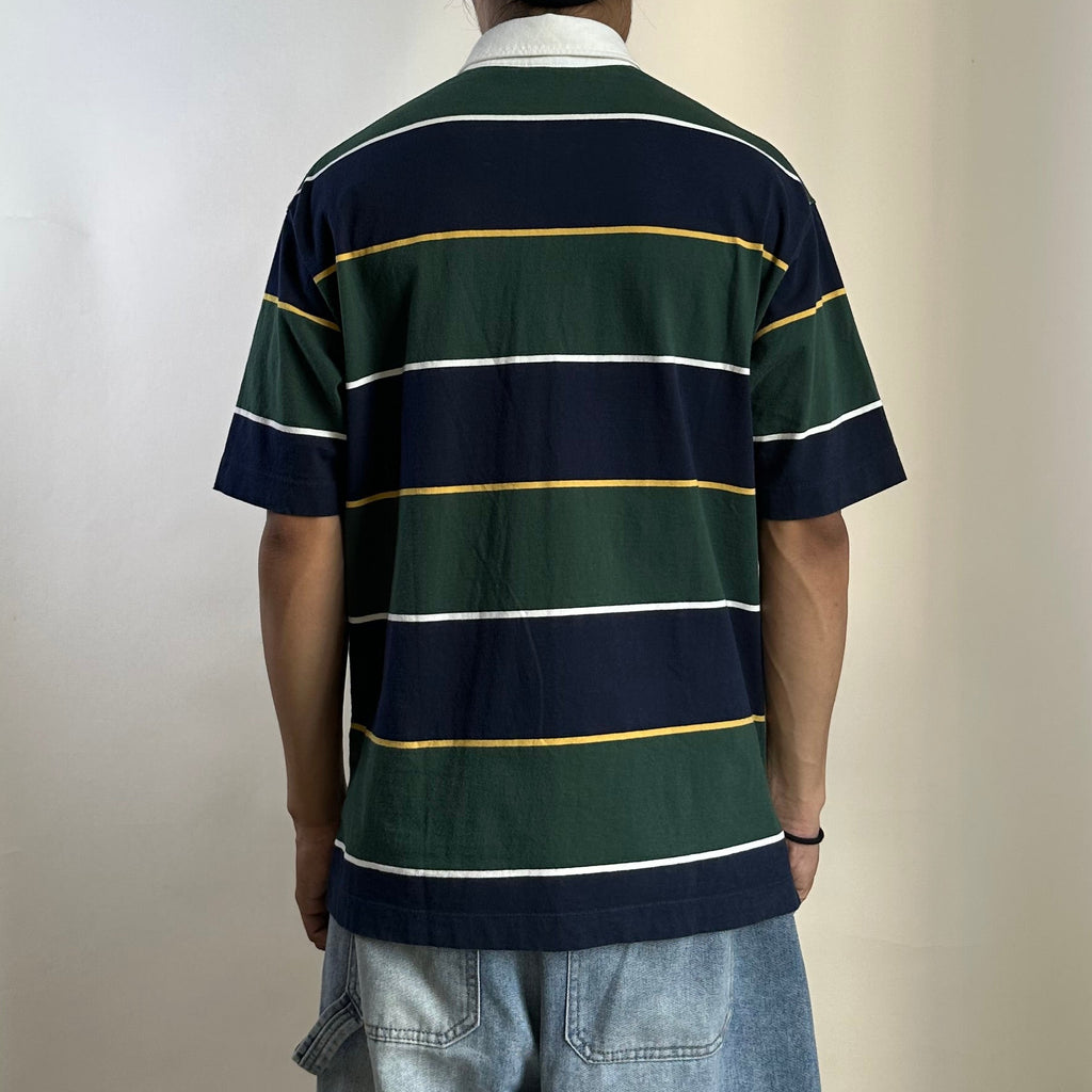 Uniqlo Rugger Polo Short Sleeve Striped Shirt in Dark Green and Navy (Size Medium) - SOLD