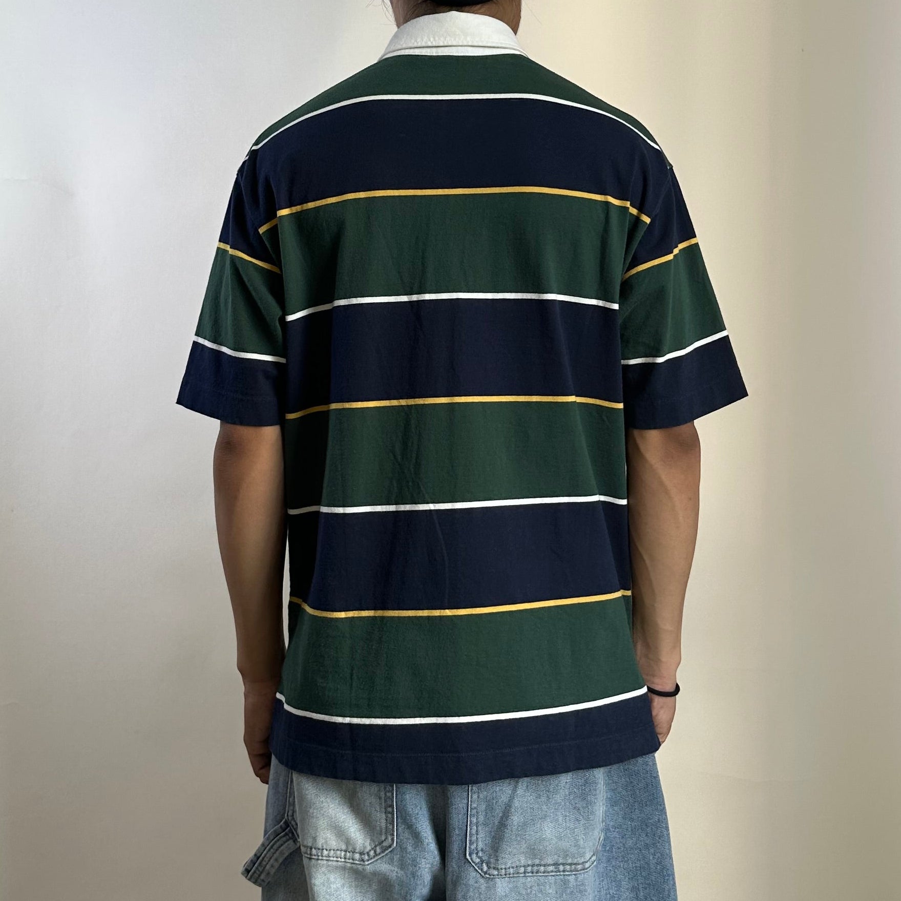 Uniqlo Rugger Polo Short Sleeve Striped Shirt in Dark Green and Navy (Size Medium) - SOLD
