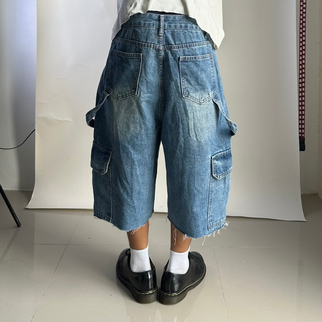 Random Cargo Long Jorts in Light Wash Blue (Size 30)