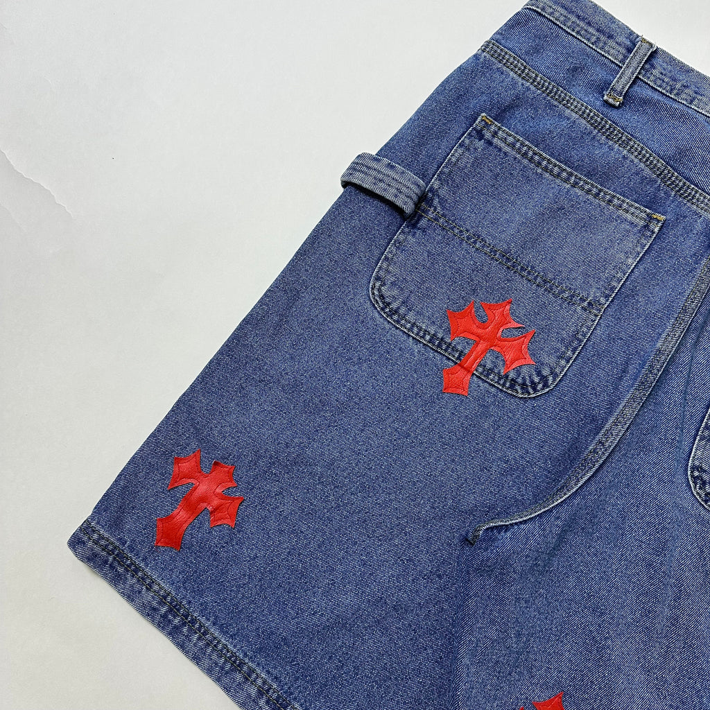 Carpenter Jorts with Chrome Hearts Customized Cross Patches (Size 34) — SOLD