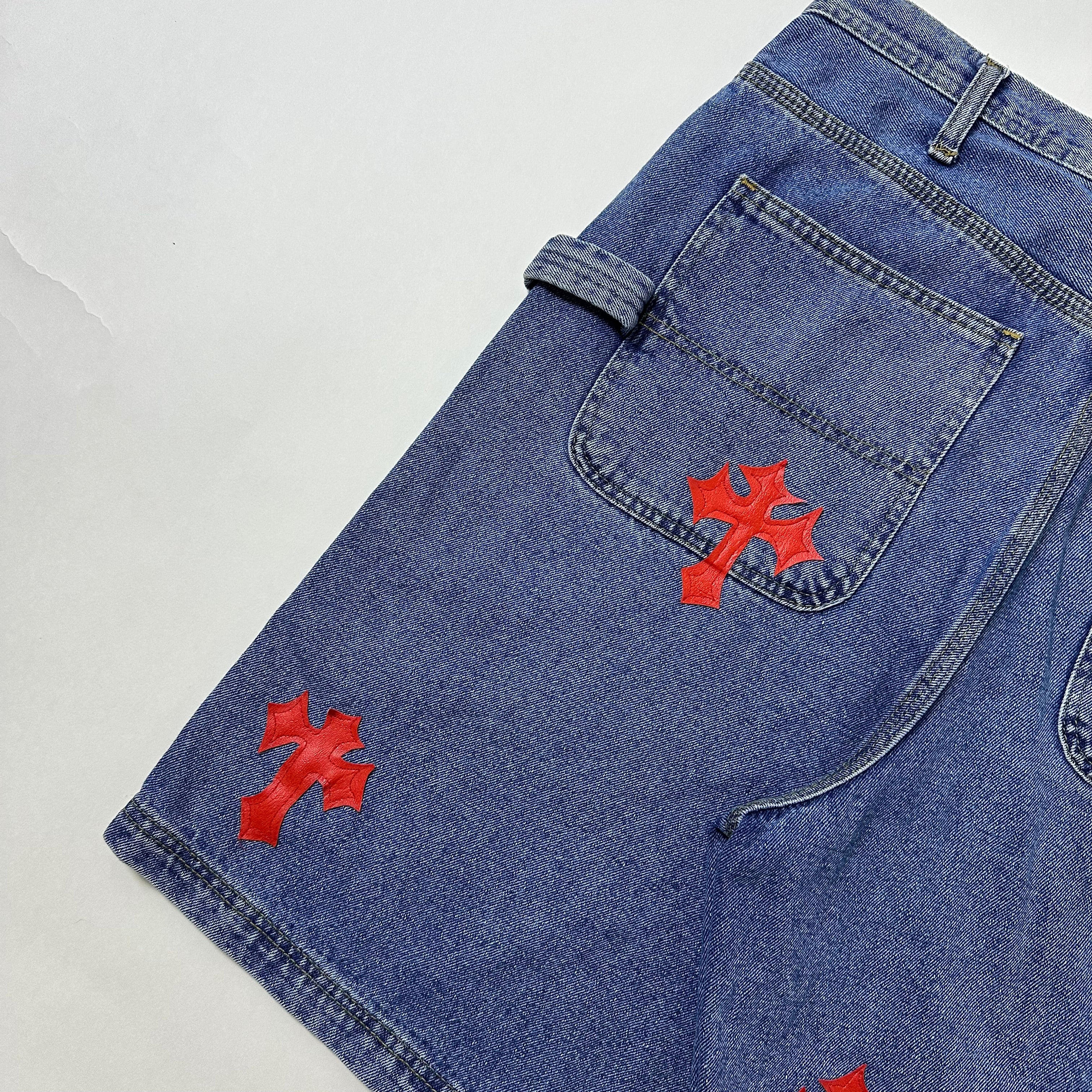 Carpenter Jorts with Chrome Hearts Customized Cross Patches (Size 34) — SOLD