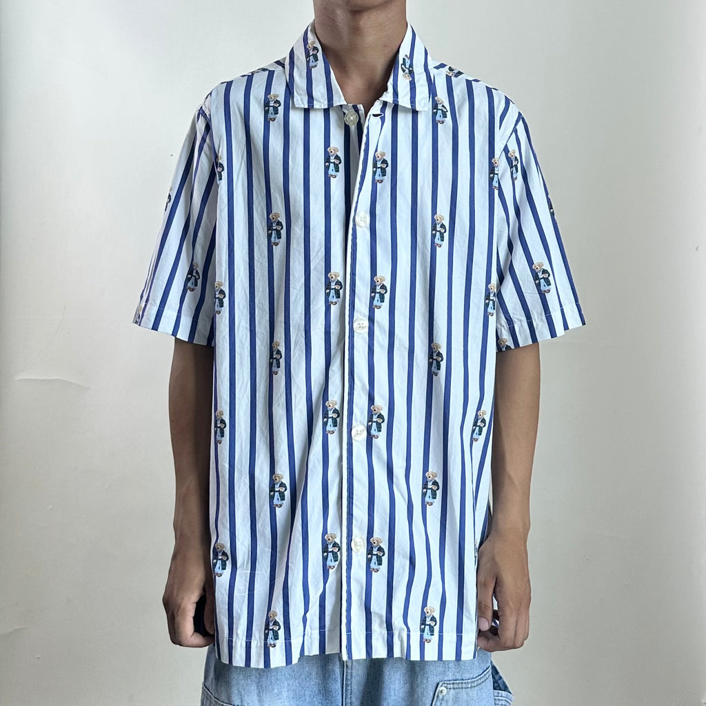 Polo Ralph Lauren Striped Pyjama Shirt All-over Polo Bear graphic pattern in White Size Medium (Fits Large)
