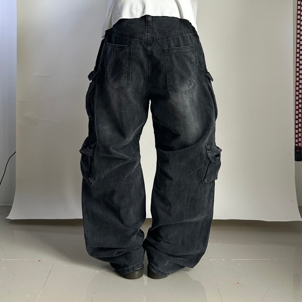 11KN BRAND Unisex Multi-Pockets Baggy Pants in Washed Black (Size 28)
