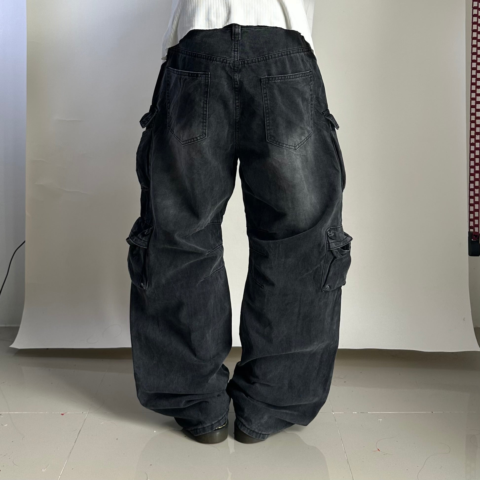 11KN BRAND Unisex Multi-Pockets Baggy Pants in Washed Black (Size 28)