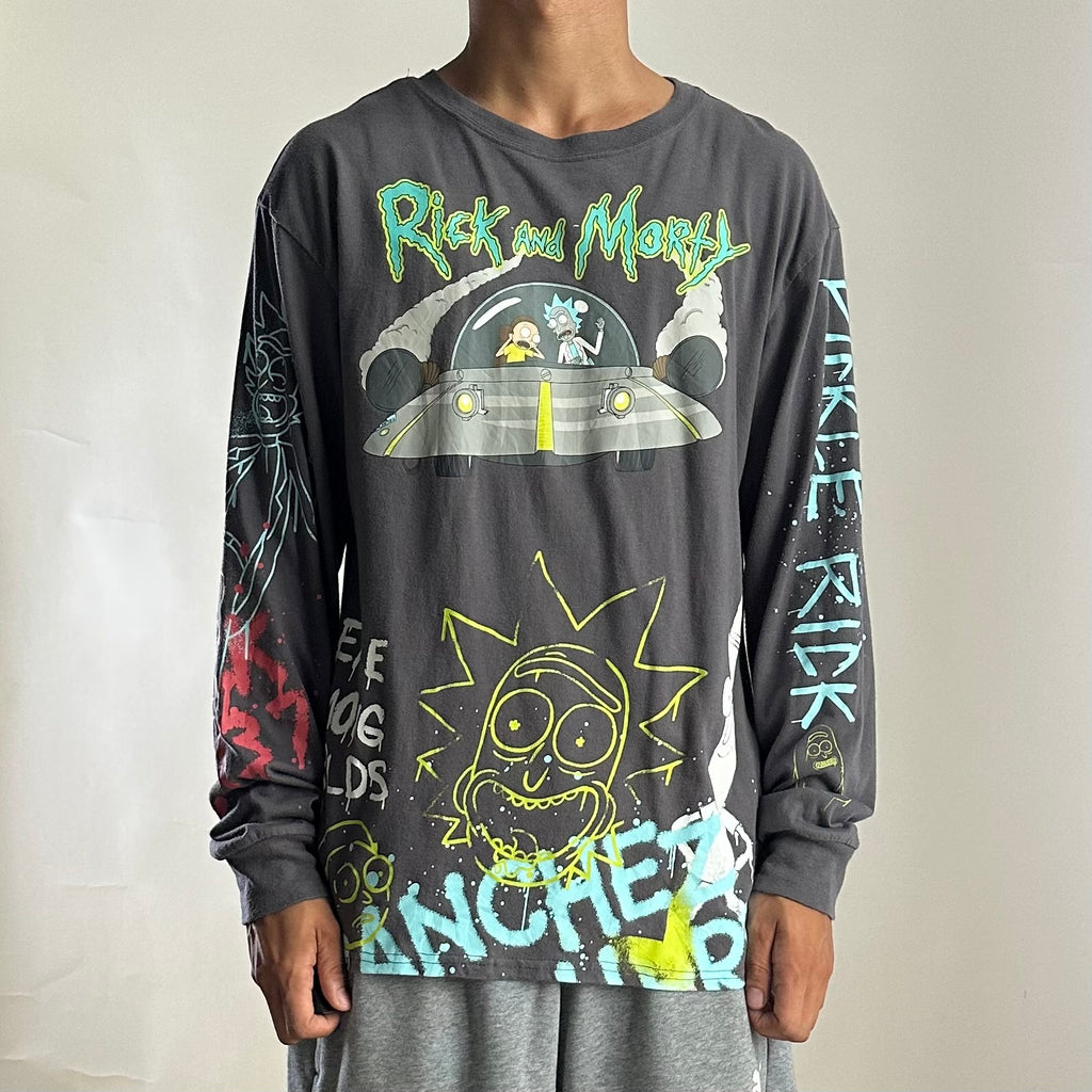Rick and Morty Airbrush Longsleeve Graphic Shirt in Dark Gray (Size Medium)