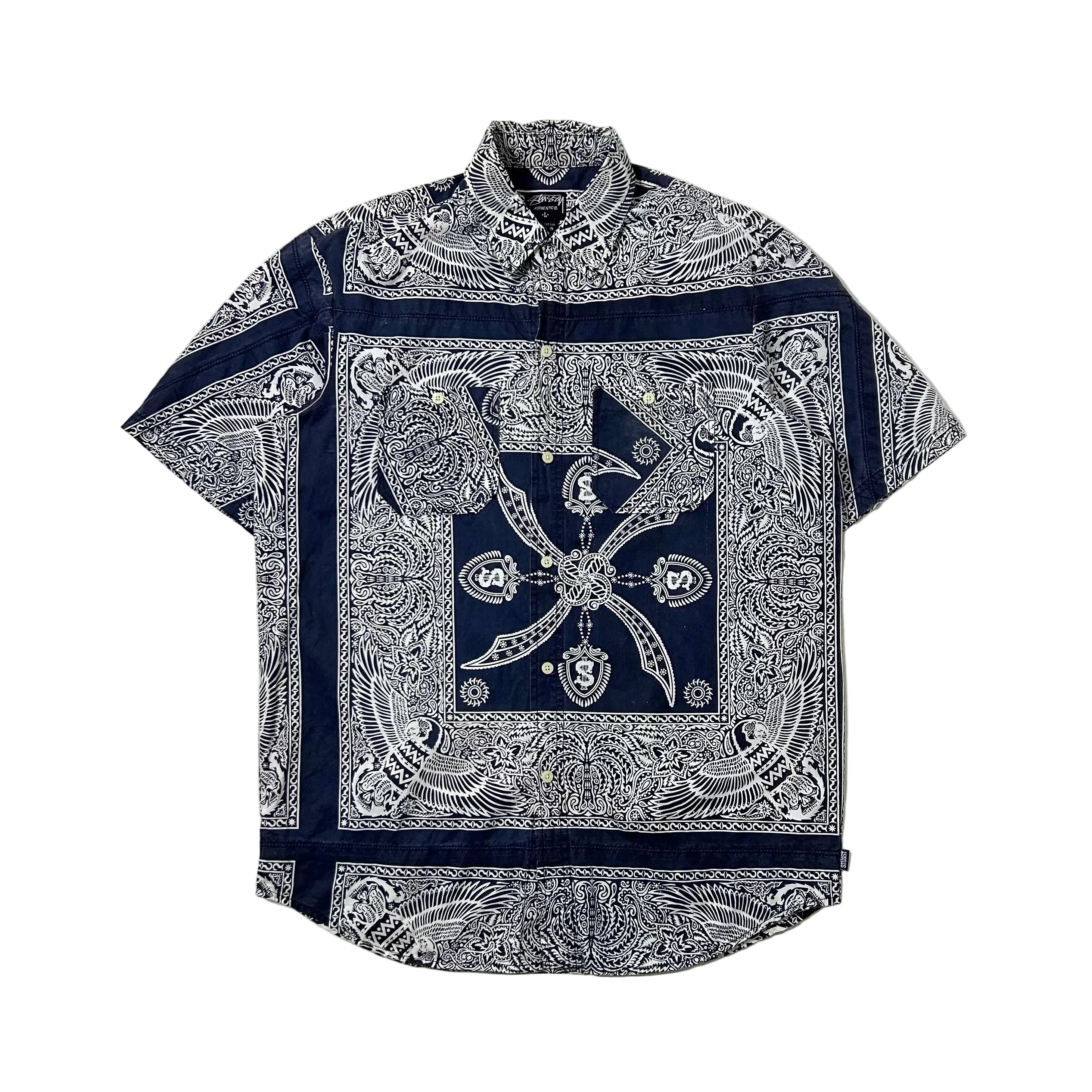 Vintage Stussy Paisley Bandana Pattern Shirt in Navy with multiple yellow stains (Size Large)