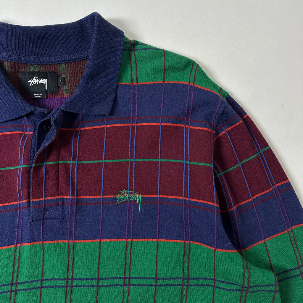 Stussy Plaid Long sleeve Polo with  an Embroidered Chest Logo (Size Large)