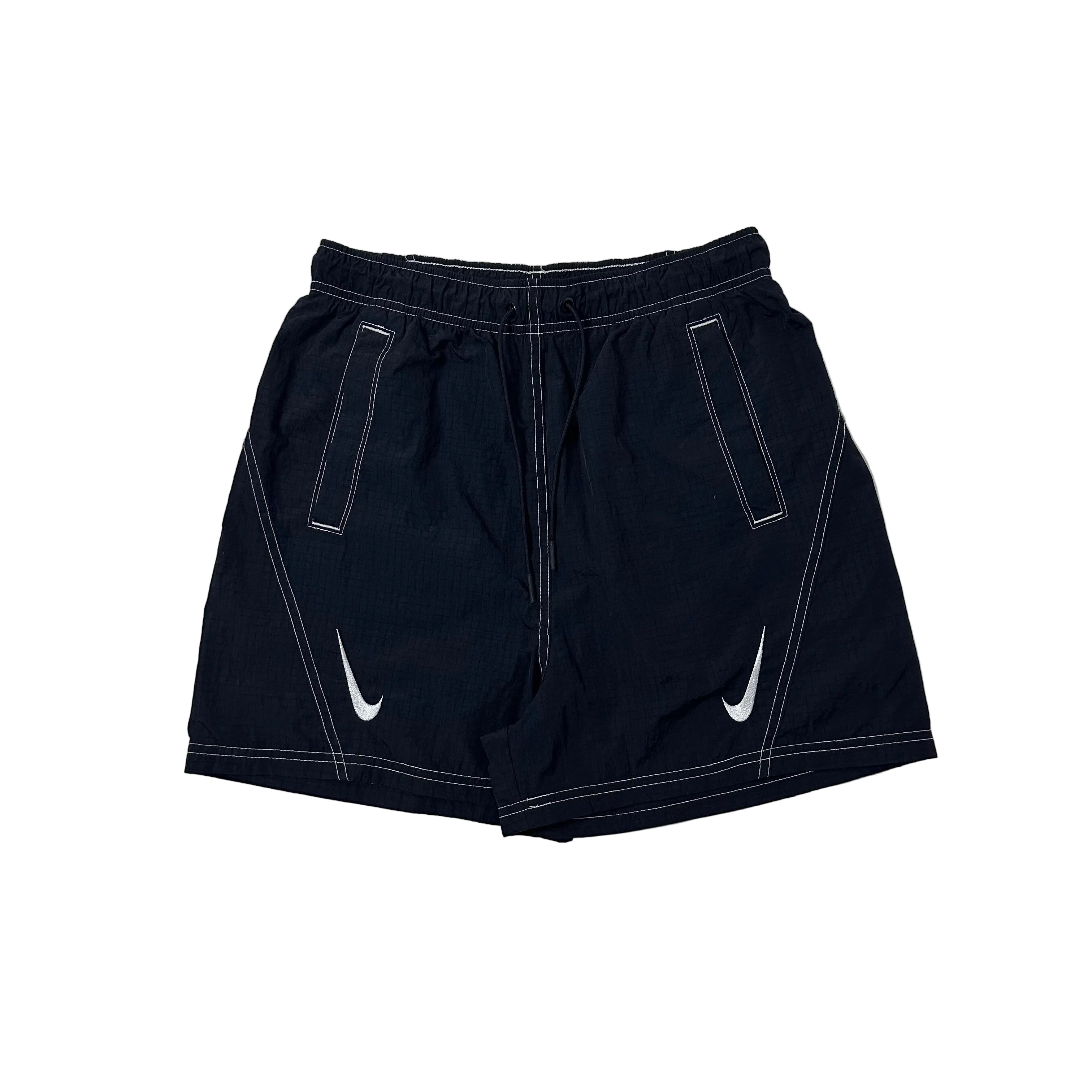 Nike Nylon Double Swoosh Shorts in Black with contrast white stitching (Size Small 26-32) - SOLD