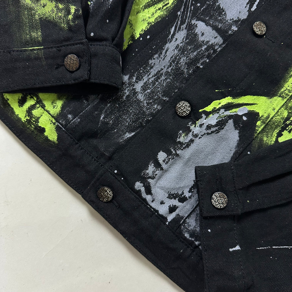 Random Paint Splattered Black Denim Jacket (Size Large) Boxy Fit — SOLD