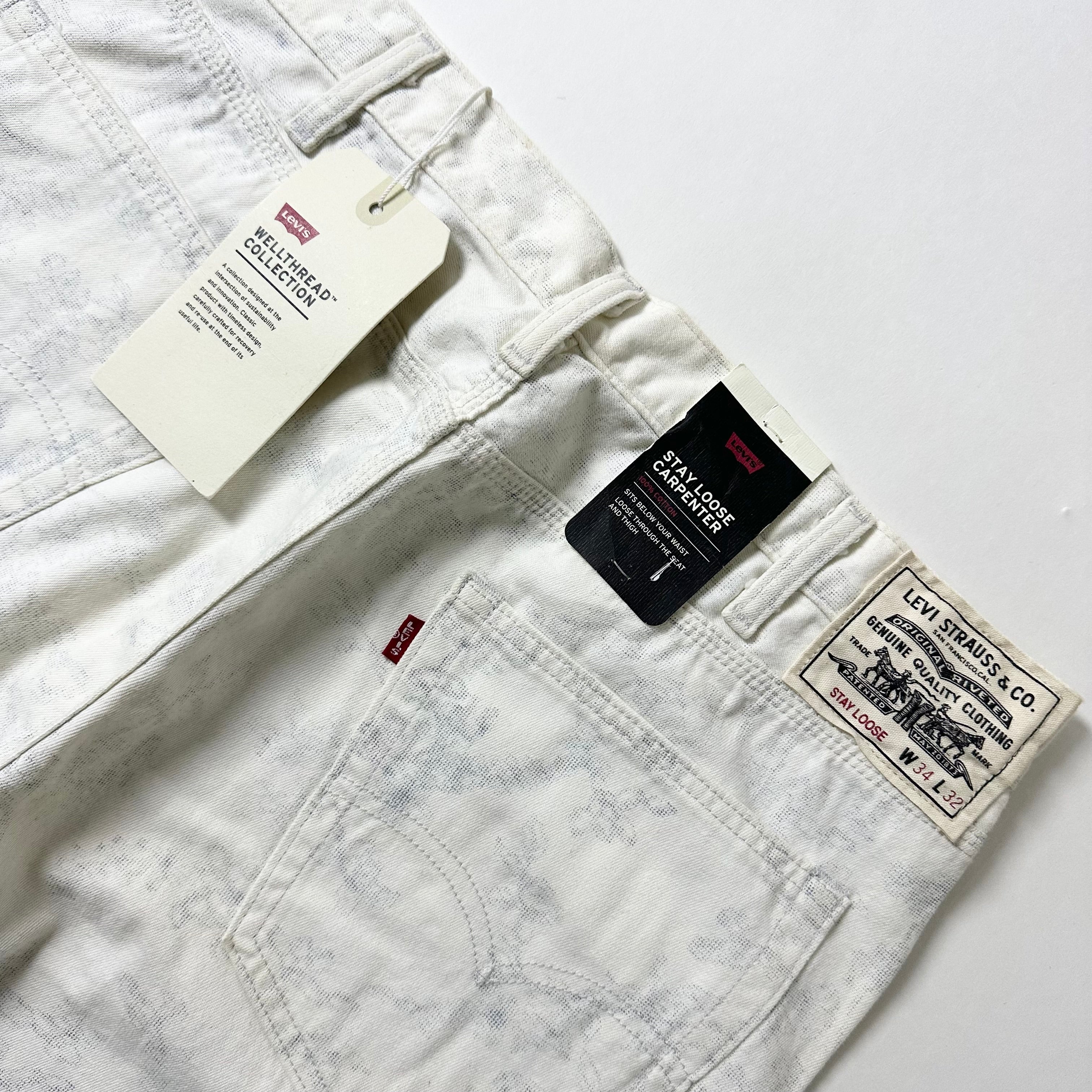 BRAND-NEW Levi’s WellThread Stay Loose Carpenter Pants Big “E” in White abstract indigo wash (Size 34)