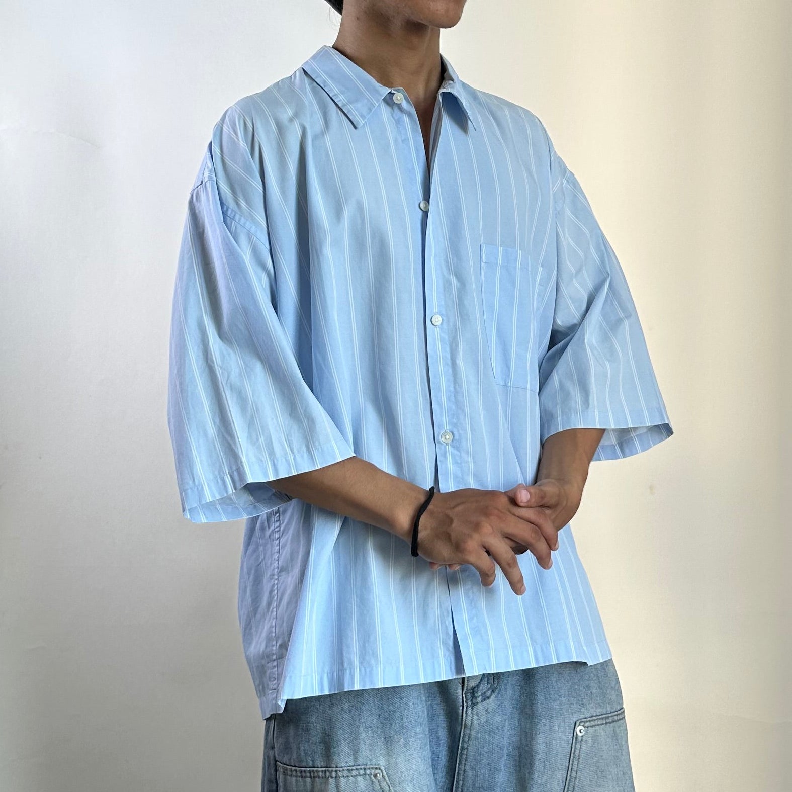 BEAMS Original Fabric Pinstripes Button down Polo in Light Blue (Size Large)