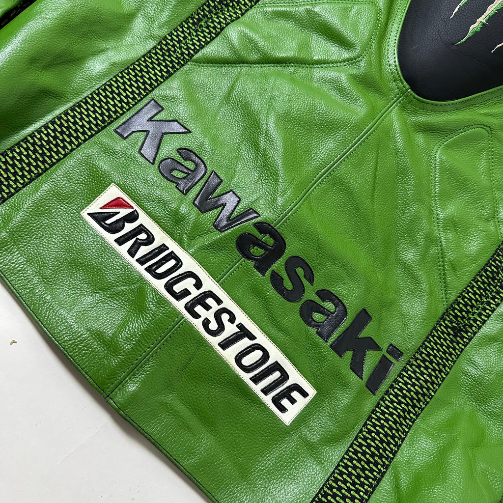 Kawasaki Racing Team Leather Armor Riding Jacket in Green (Size Medium)