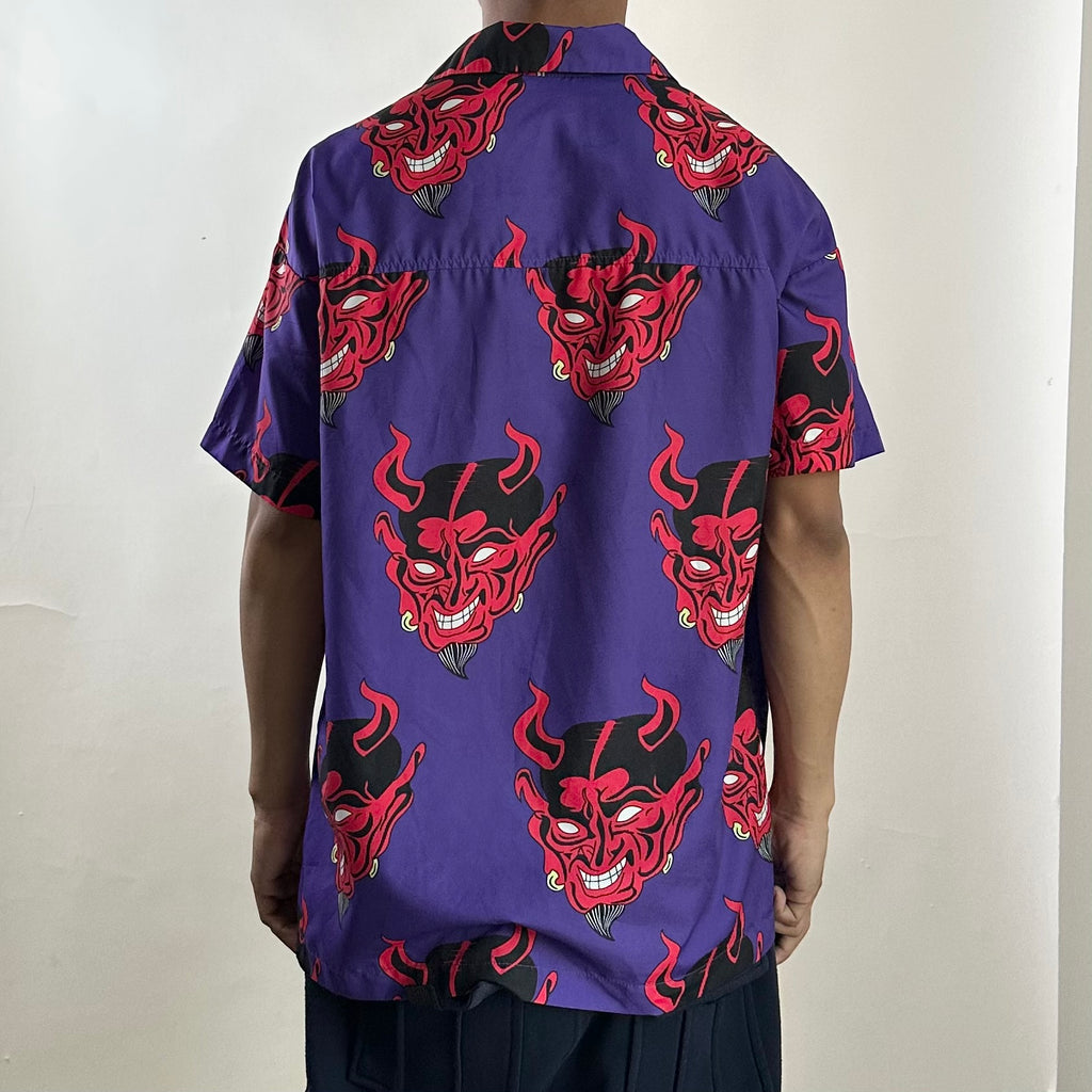 Incerun "Devil Head” Button Up T-shirt in Purple (Size Large)