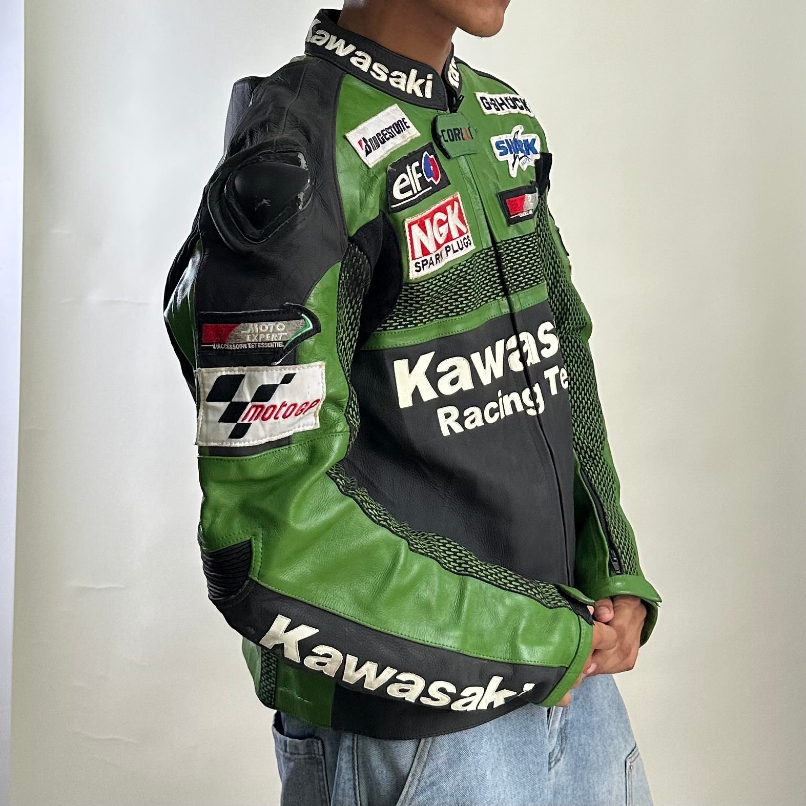 Kawasaki Racing Team Leather Armor Riding Jacket in Green (Size Medium)