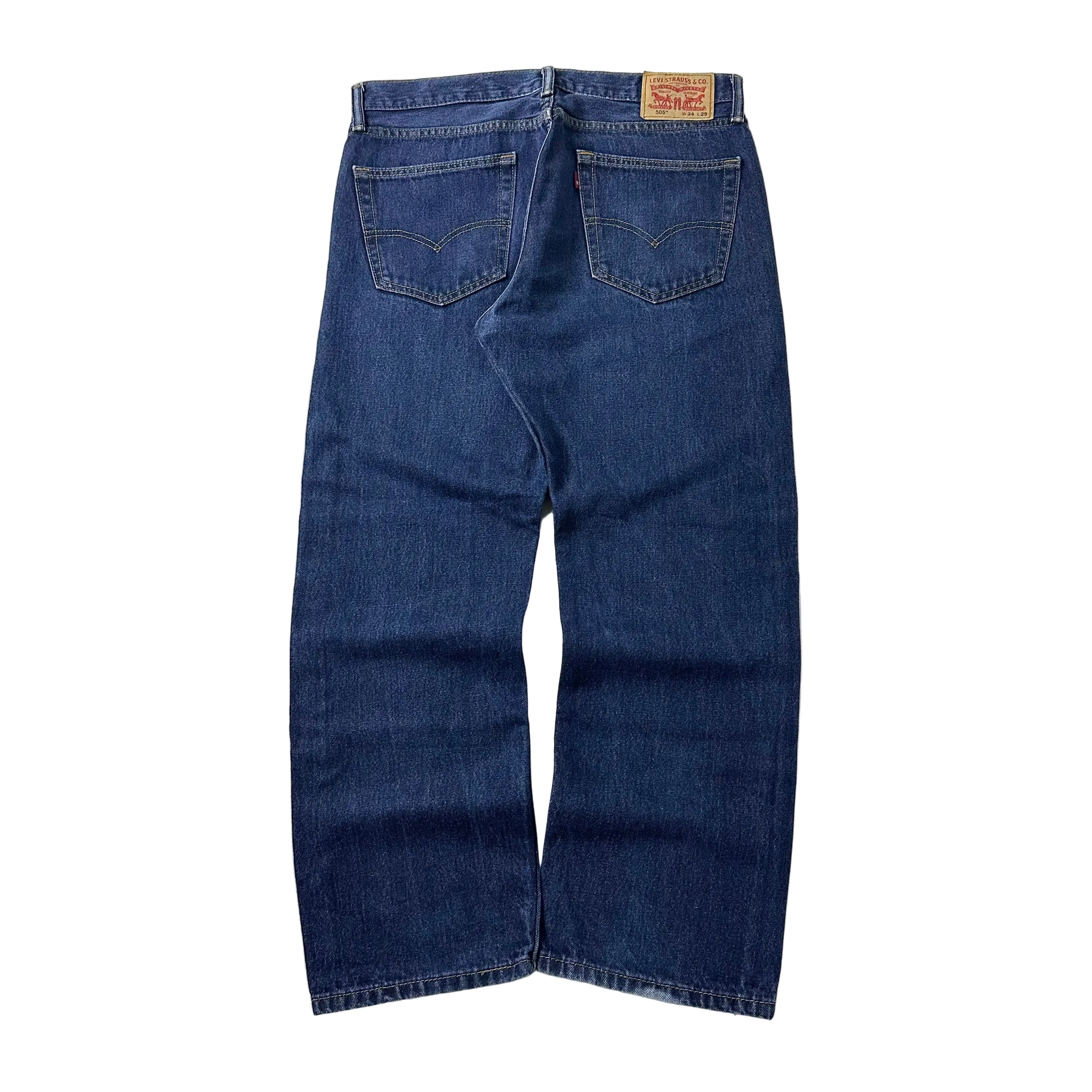 Levi’s 505 Regular Straight Fit Jeans in Dark Stonewash Blue Denim (Size 34)