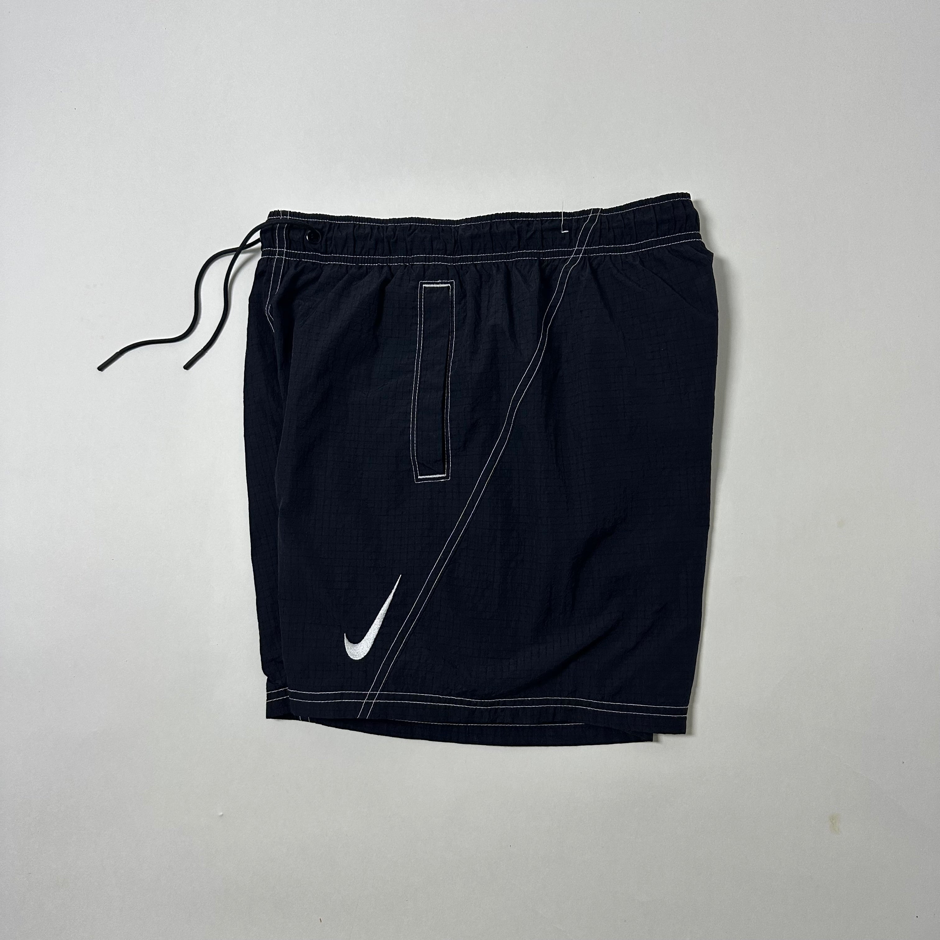 Nike Nylon Double Swoosh Shorts in Black with contrast white stitching (Size Small 26-32) - SOLD