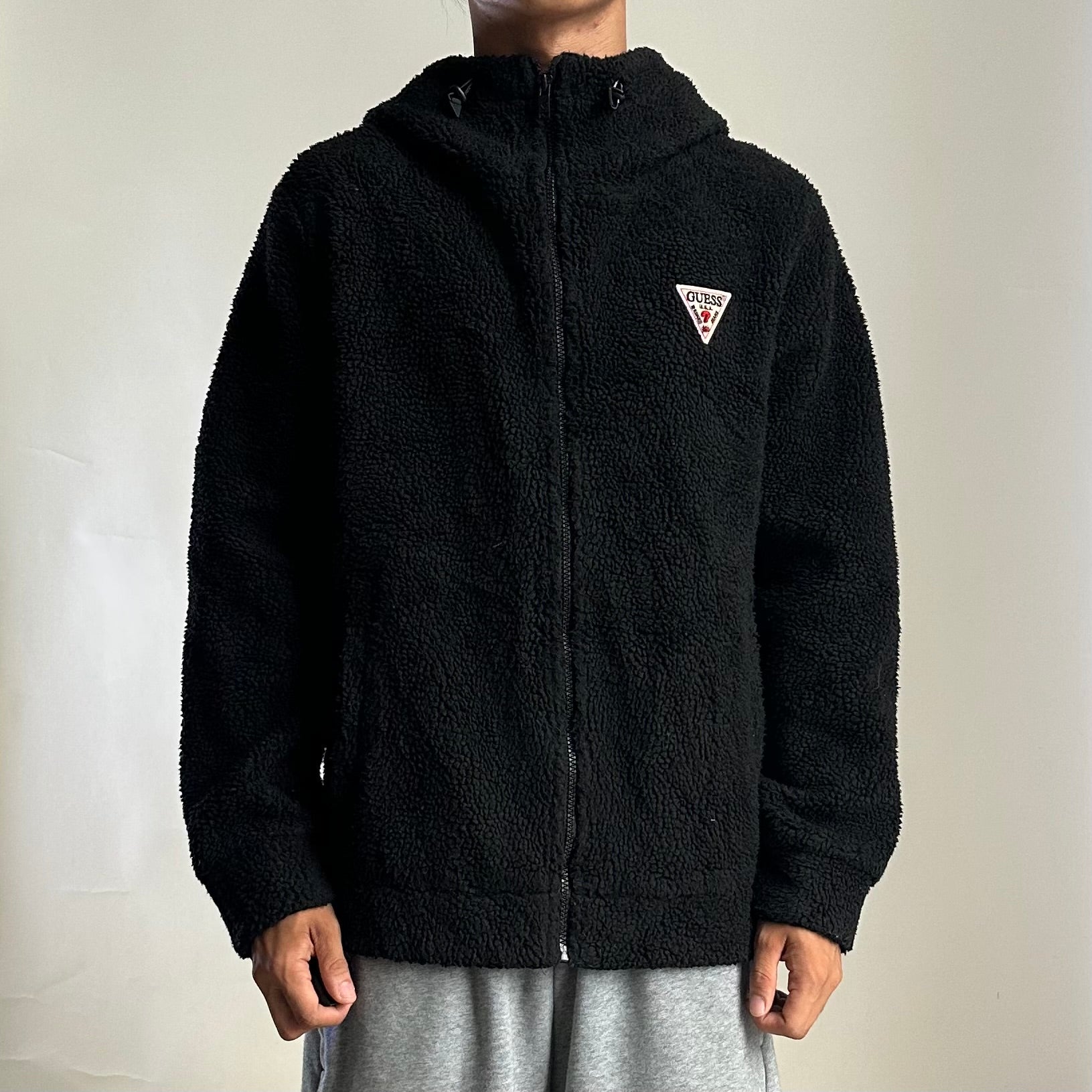 Guess Fleece Hooded Zip-up Jacket in Black (Size Medium)