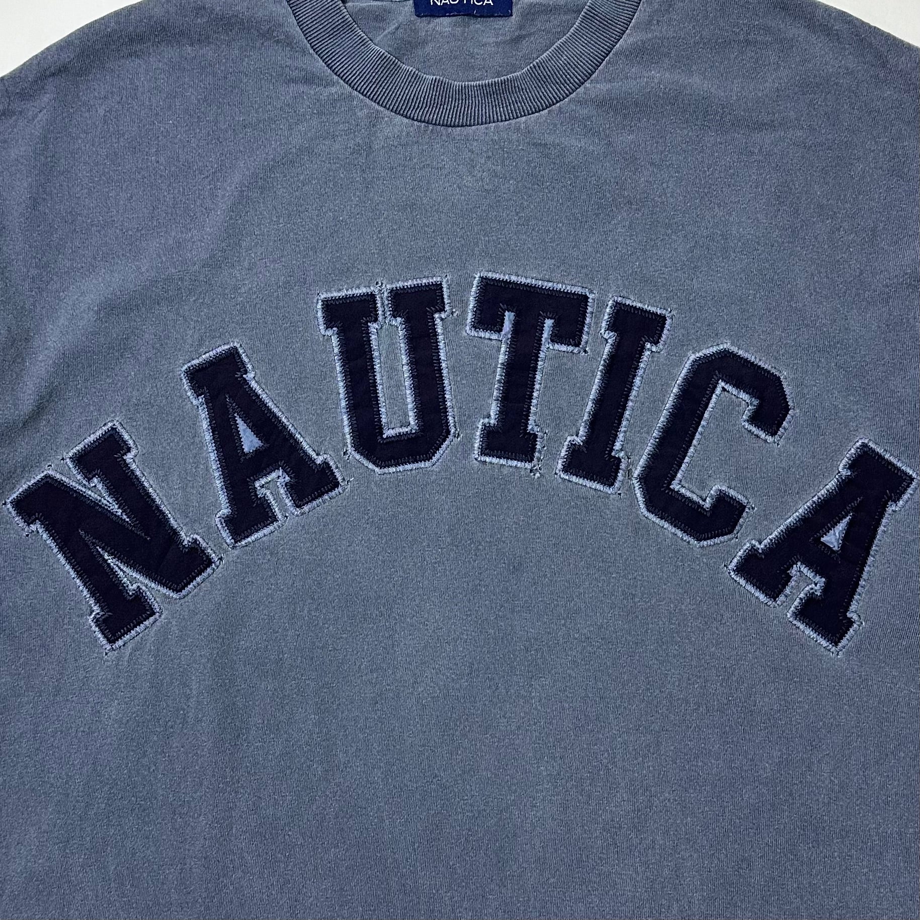 NAUTICA JAPAN Hasegawa Pigment Dyed Arch Logo T-shirt with Multiple Pin holes Size Medium Oversized