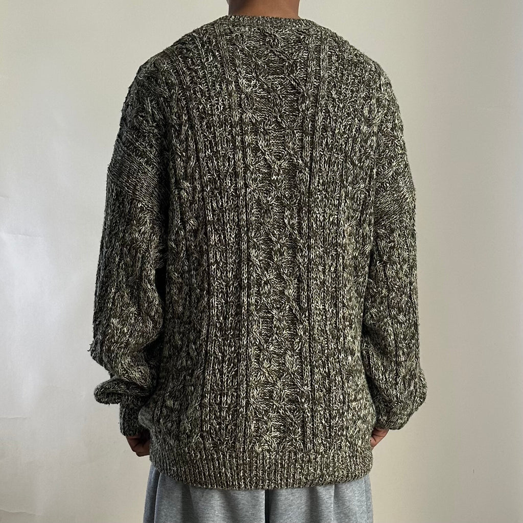 Vintage Structure Cable-Knit Sweater in Marled Green (Size XL)