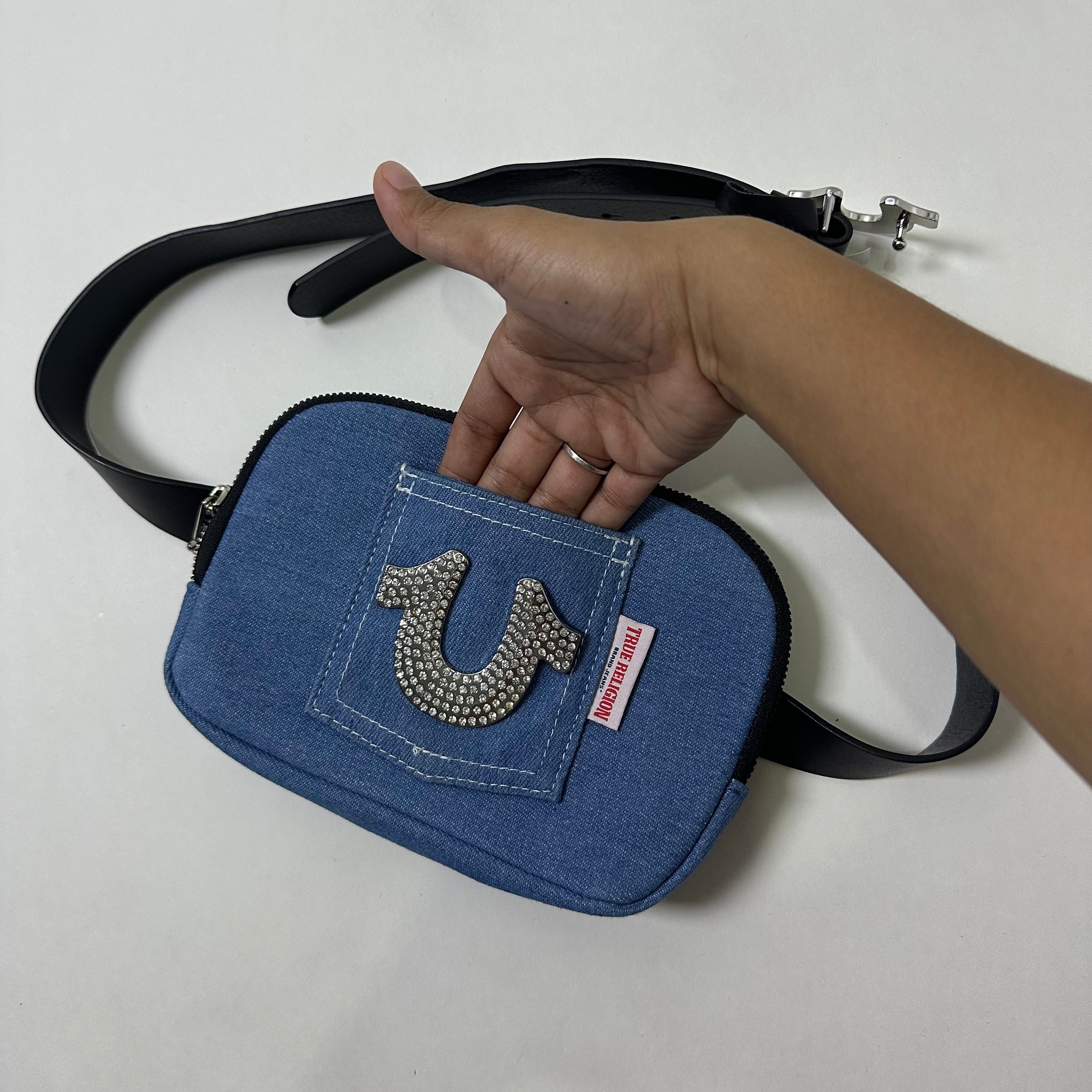 True Religion Denim Belt Bag Rhinestone Horseshoe logo w/Adjustable Strap