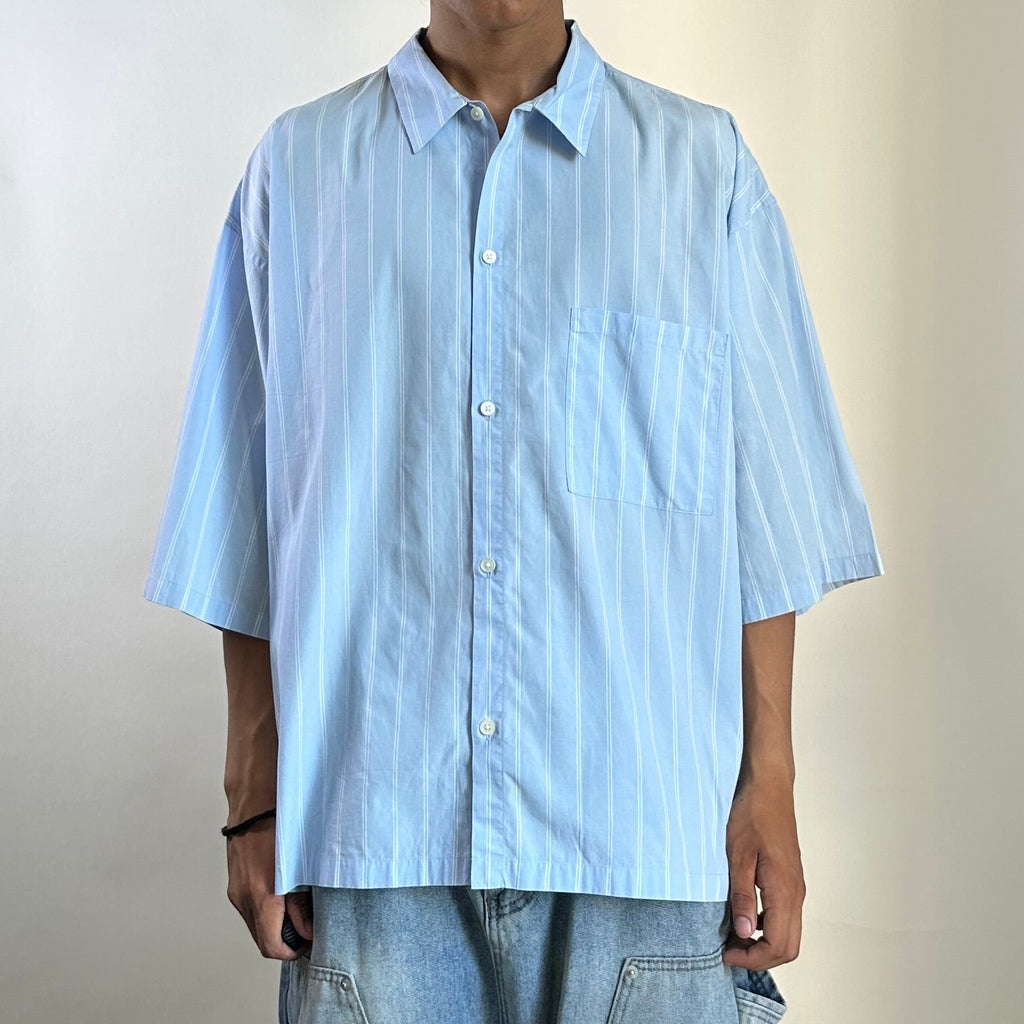 BEAMS Original Fabric Pinstripes Button down Polo in Light Blue (Size Large)
