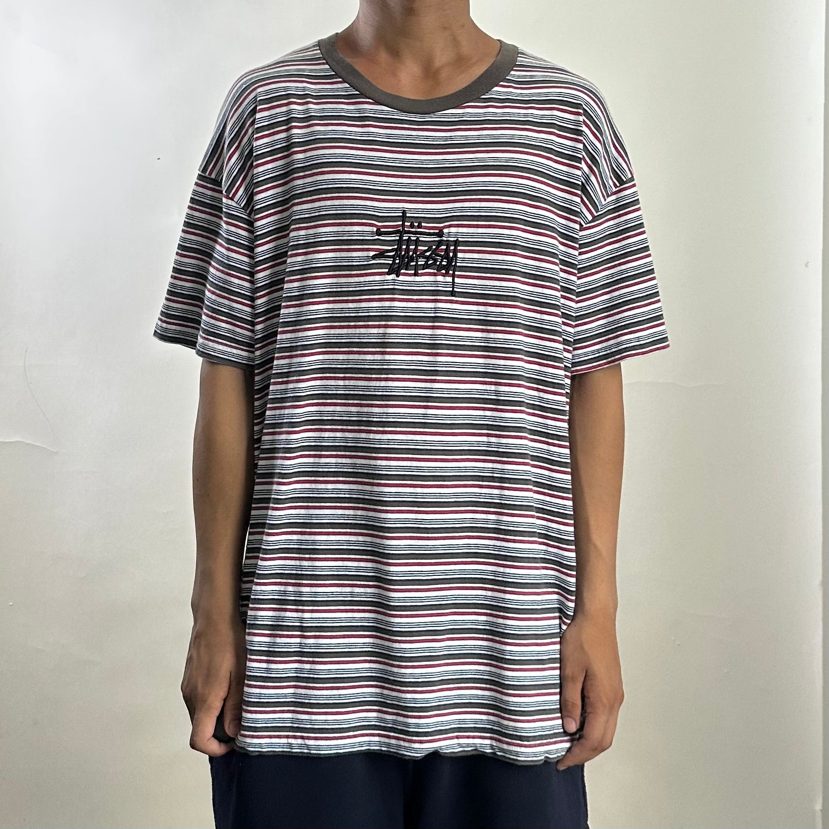 Stussy Embroidered Logo T-shirt in Stripe (Size Large)
