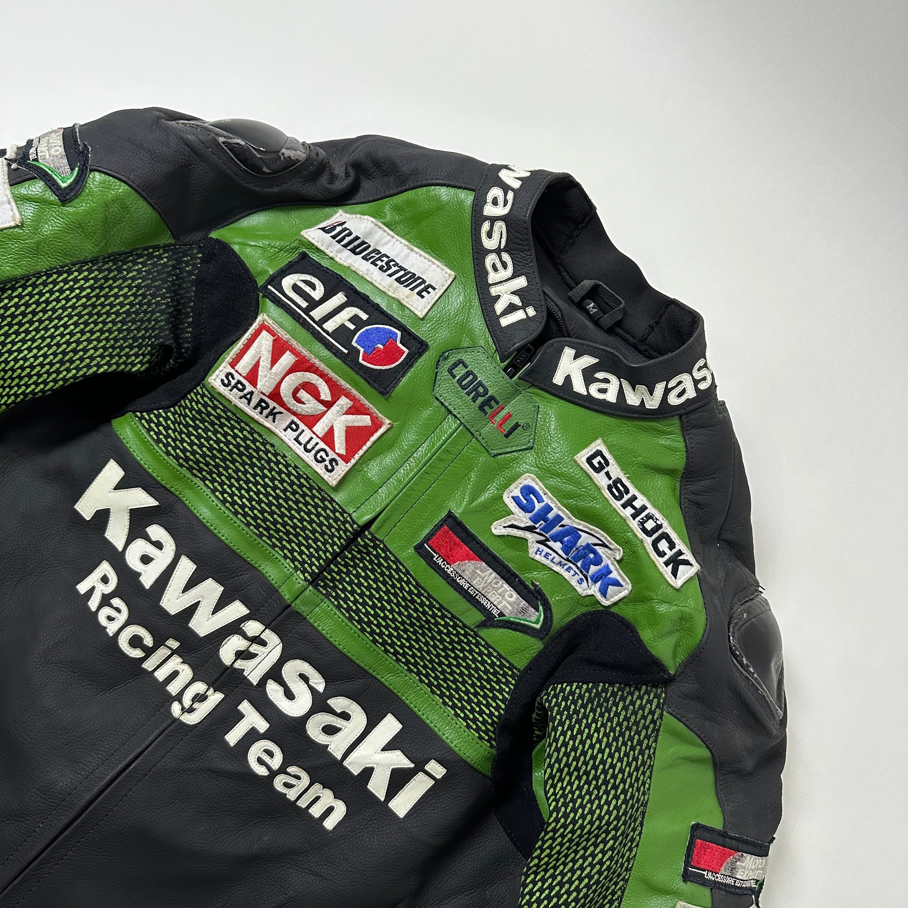 Kawasaki Racing Team Leather Armor Riding Jacket in Green (Size Medium)