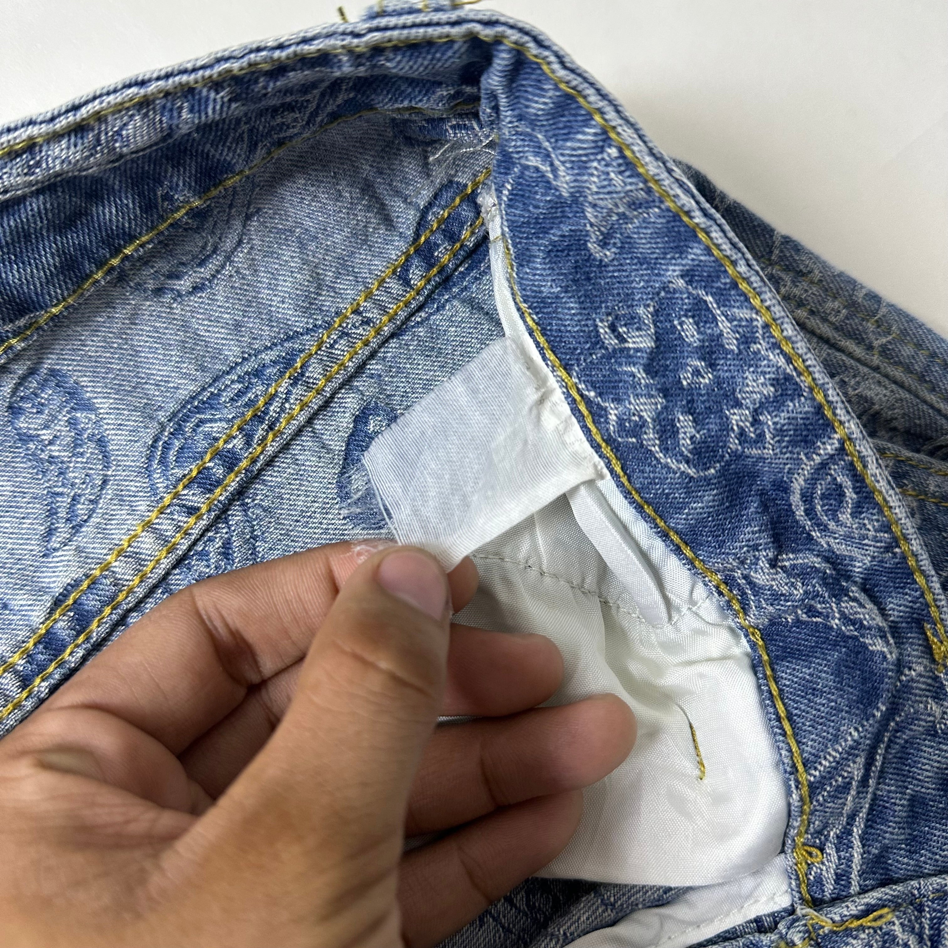 Paisley Bandana Carpenter Jorts in Light Wash Blue (Size 30-31)