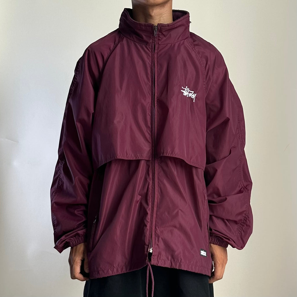 Stussy Windbreaker Jacket with Packable Hood in Burgundy (Size XL)