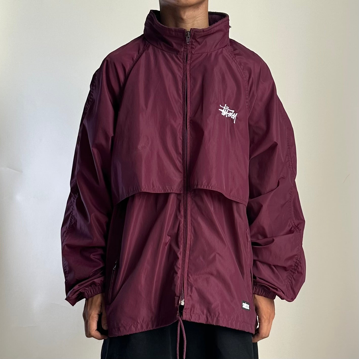 Stussy Windbreaker Jacket with Packable Hood in Burgundy (Size XL)