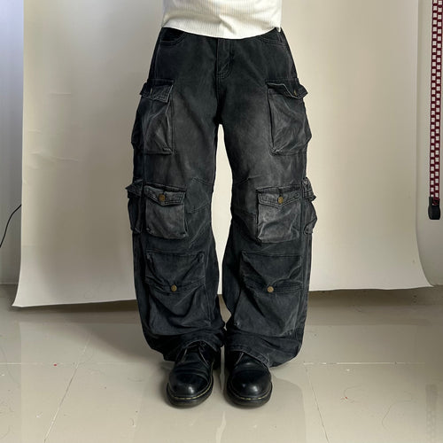 11KN BRAND Unisex Multi-Pockets Baggy Pants in Washed Black (Size 28)