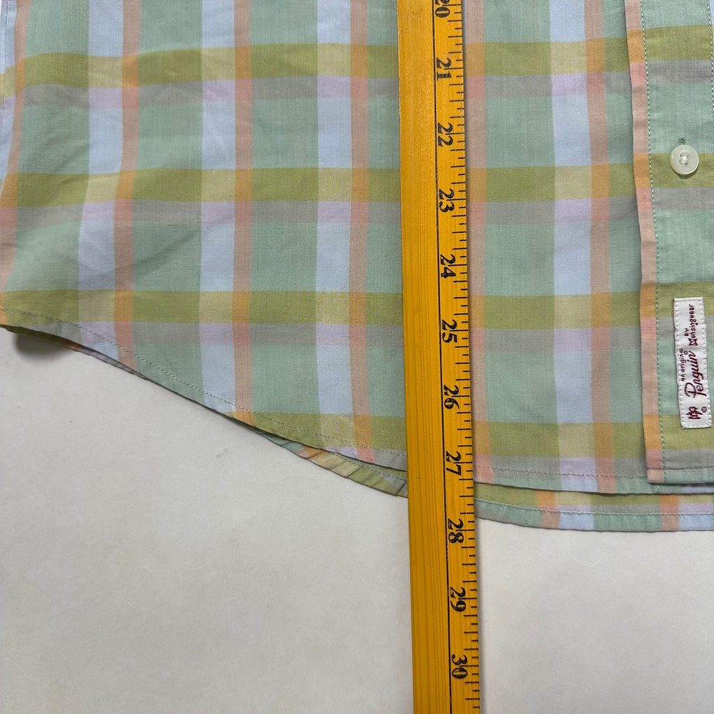Penguin Short-sleeve Button-down Polo in Pastel Plaid Pattern (Size Medium)