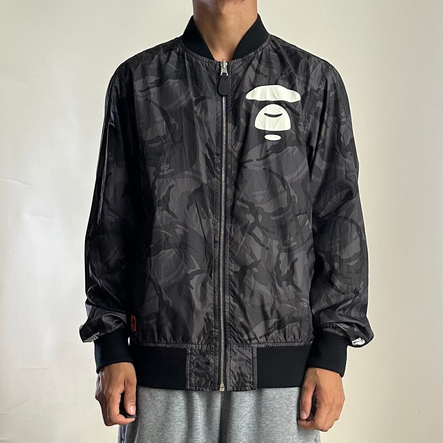 AAPE by A Bathing Ape Black Camo Reversible Bomber Jacket (Size Large)