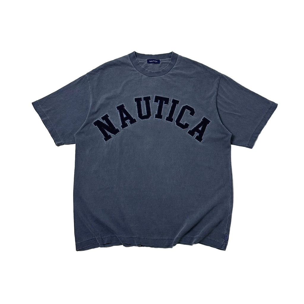 NAUTICA JAPAN Hasegawa Pigment Dyed Arch Logo T-shirt with Multiple Pin holes Size Medium Oversized