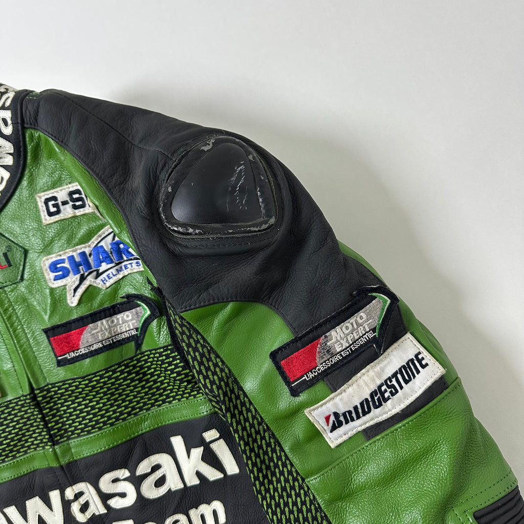Kawasaki Racing Team Leather Armor Riding Jacket in Green (Size Medium)