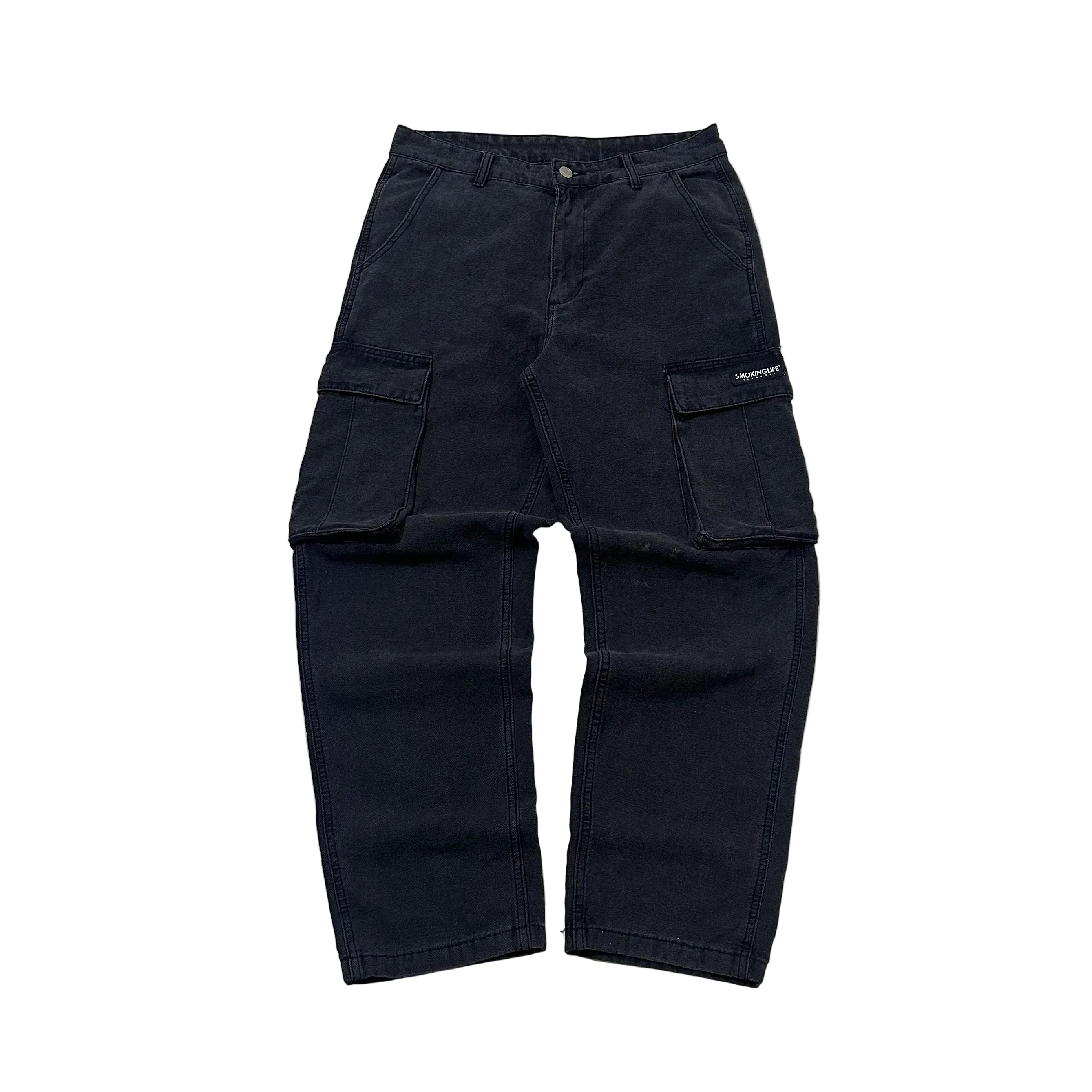 SMOKING-LIFE Cargo Pants in Acid Wash Black Size (32-33)