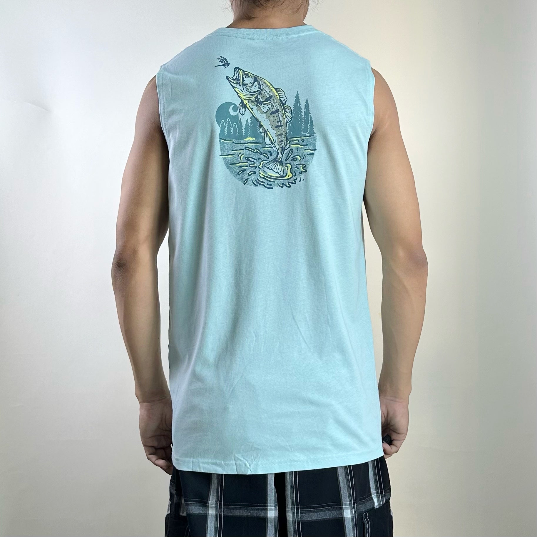 BRAND NEW Carhartt Sleeveless Shirt Fish Graphic Light Blue (Fits Small-Medium)