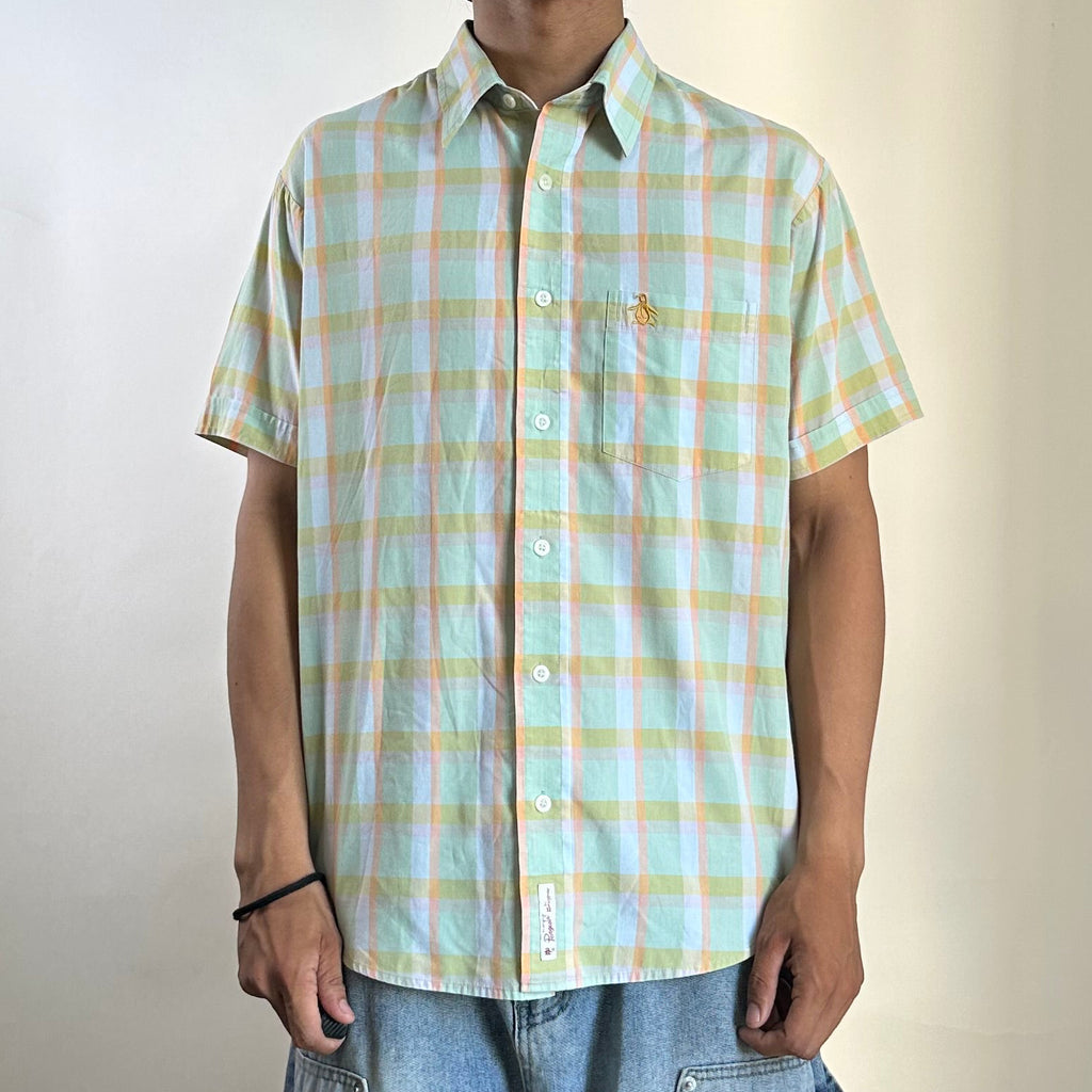 Penguin Short-sleeve Button-down Polo in Pastel Plaid Pattern (Size Medium)