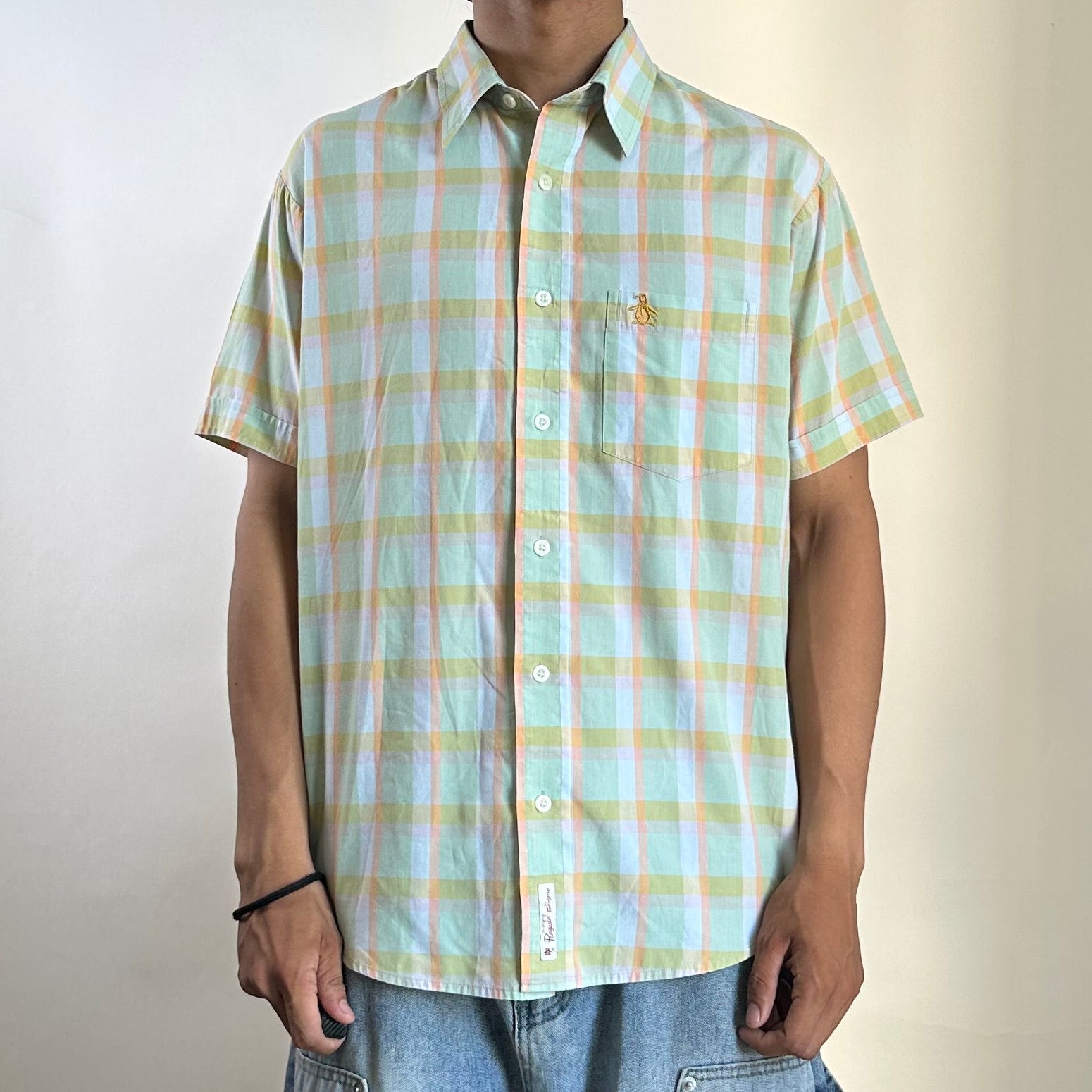 Penguin Short-sleeve Button-down Polo in Pastel Plaid Pattern (Size Medium)