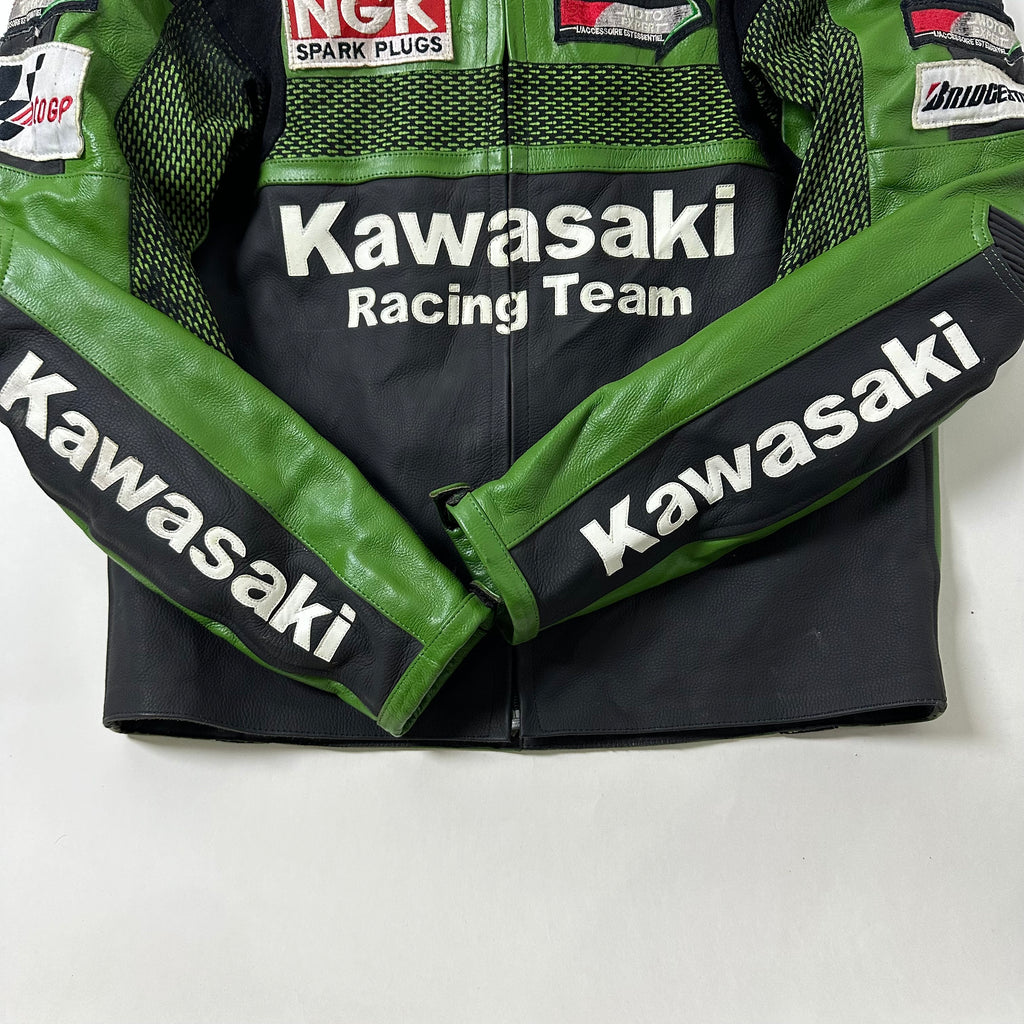 Kawasaki Racing Team Leather Armor Riding Jacket in Green (Size Medium)