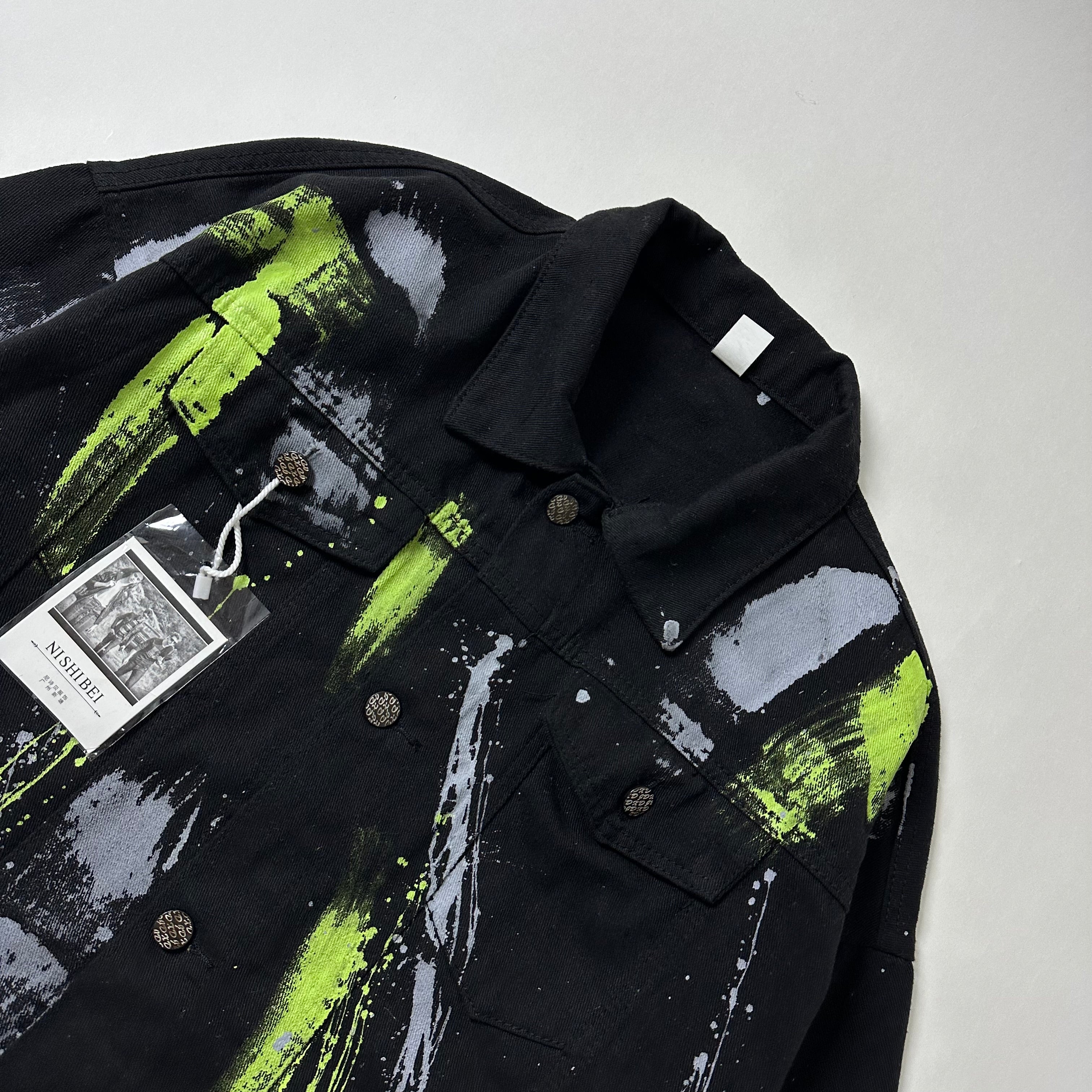 Random Paint Splattered Black Denim Jacket (Size Large) Boxy Fit — SOLD