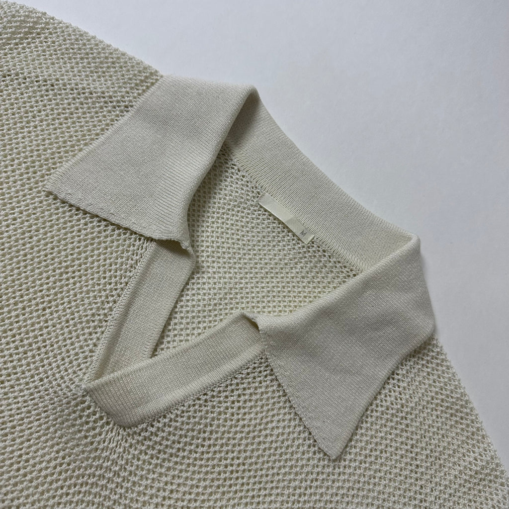 GU Mesh Knit Open Collar Polo T-shirt in Cream Size Medium